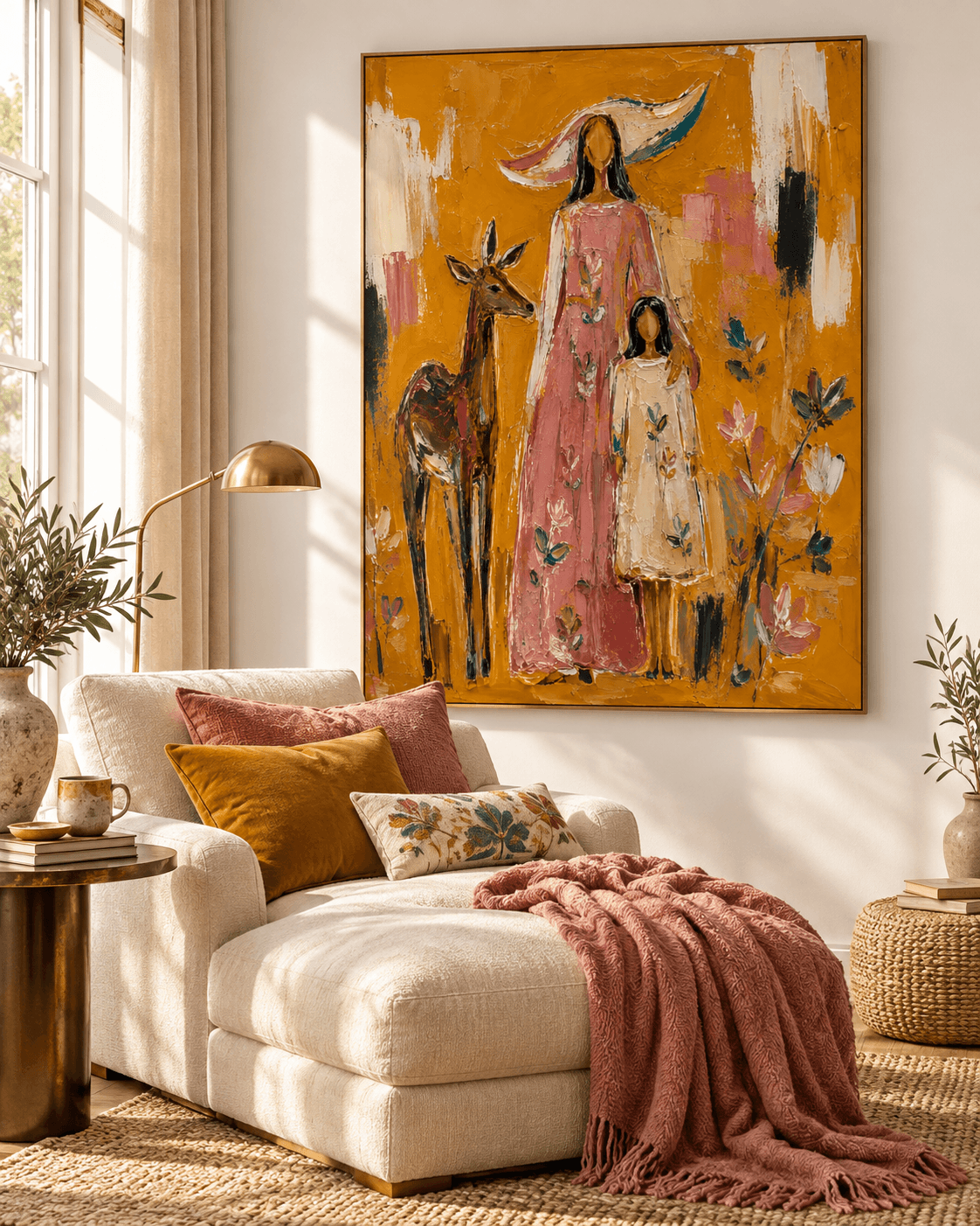 Abstract Pastoral Canvas Painting With Textured Ochre And Pink Tones Mother And Child With Deer Canvas Art