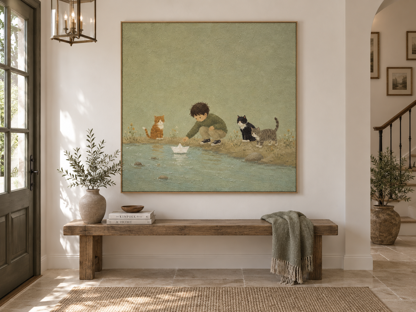 Whimsical Nursery Wall Art With Boy And Cats For Kids Room Modern Abstract Storytelling Canvas Painting With Textured Green