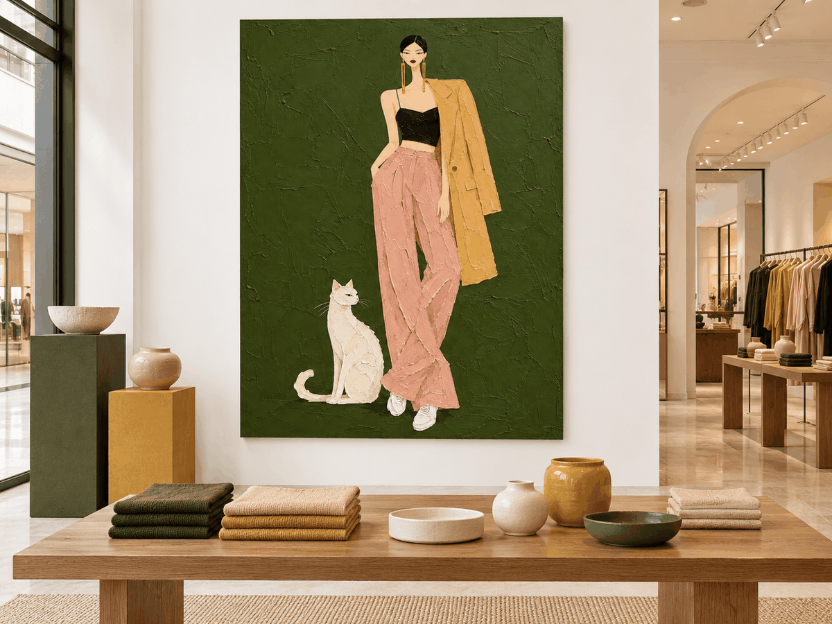 Textured Impasto Style Painting Of A Chic Woman And Her Cat