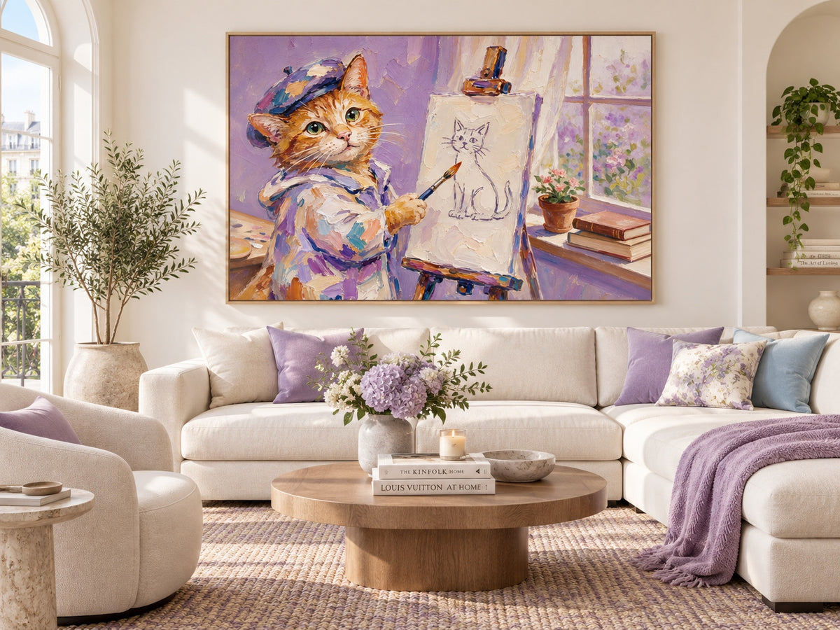 Hand-Painted Orange Cat Artist Canvas Painting With Beret And Easel