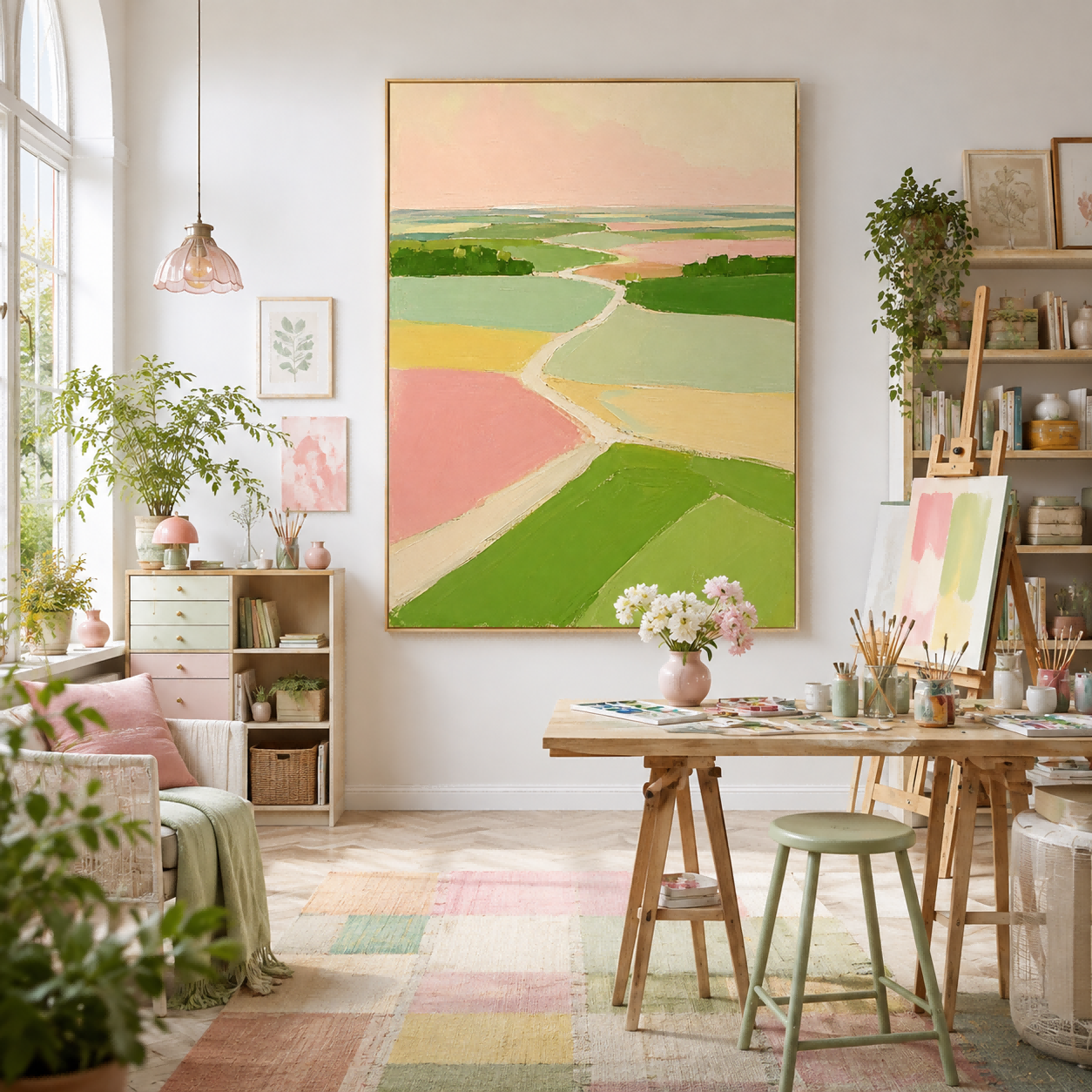 Minimalist Green And Pink Landscape Art For A Serene Bedroom Or Lounge