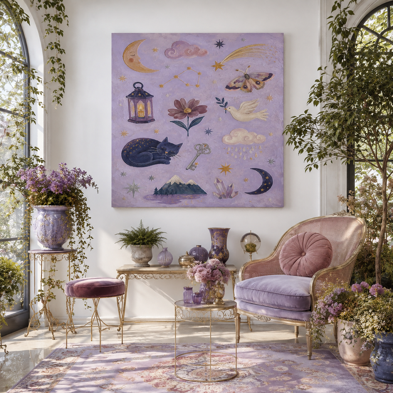 Magical Realism Bohemian Art With Cat And Moon For Bedroom Decor