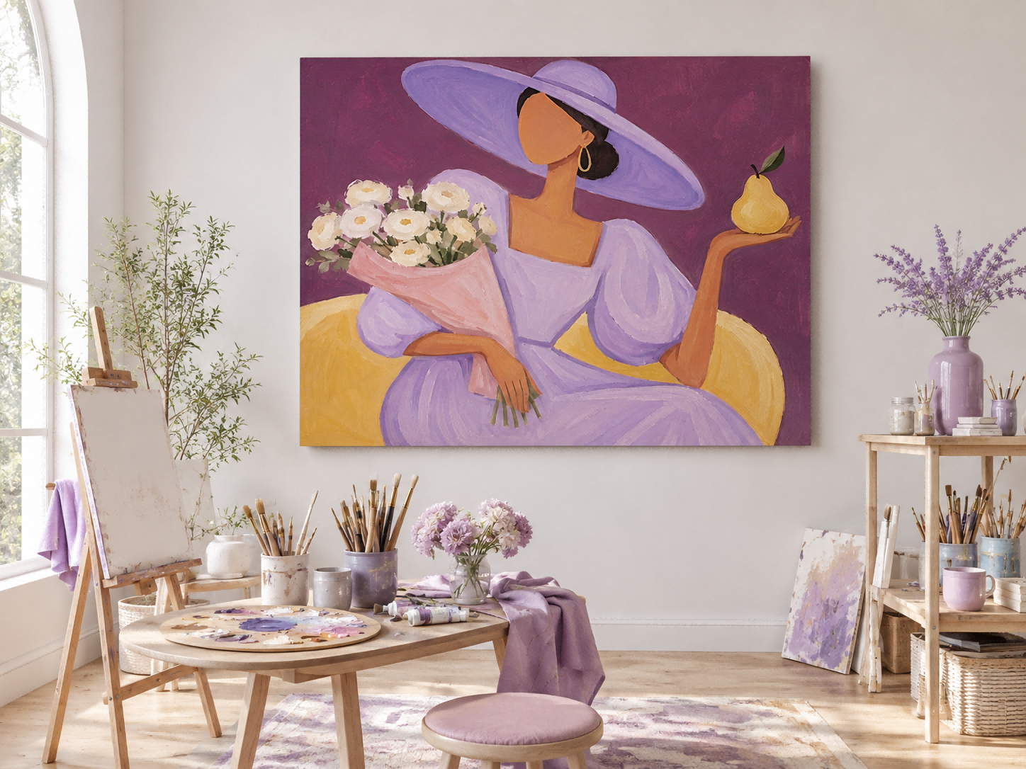 Abstract Female Figure With Yellow Pear And White Roses Modern Art Print Square Framed Canvas