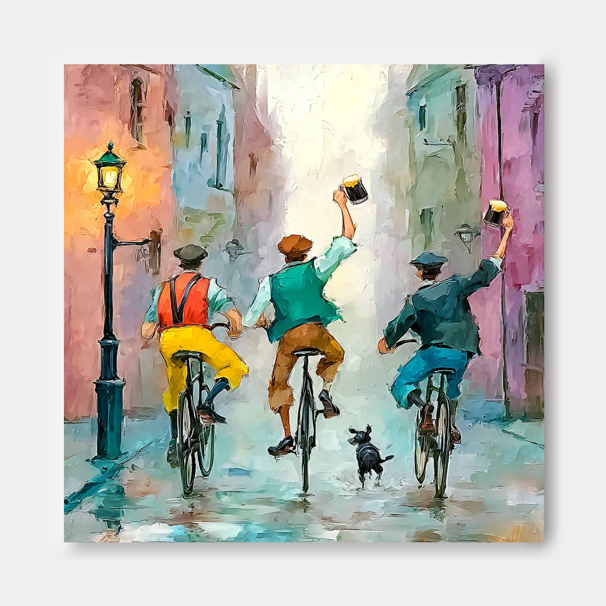 Textured Urban Narrative Painting Featuring Cyclists Dog And Reflections For Modern Home Interior Design