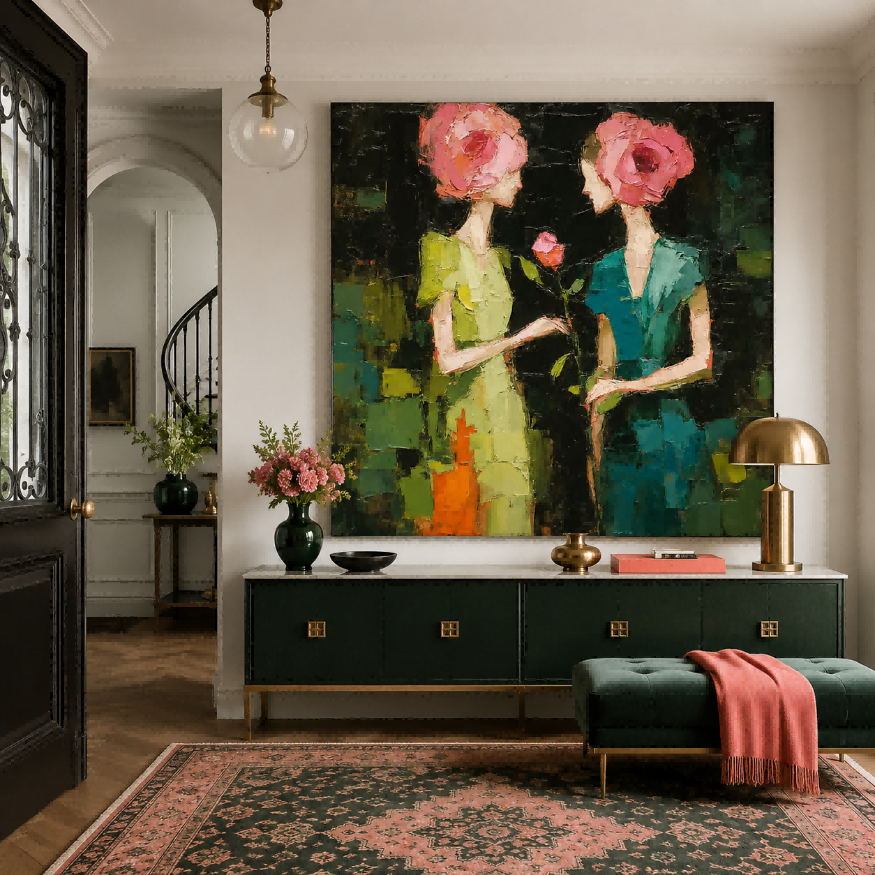 Vintage Style Oil Painting Of Two Women With Rose Heads For Living Room Wall Art Decor