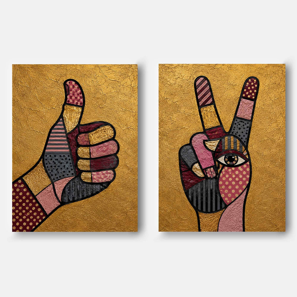 Hand-Painted Pop Art Hand Gestures Canvas Painting Set With Gold Background Eclectic Pop Art Canvas Set Pink Black Geometric Patterns On Gold