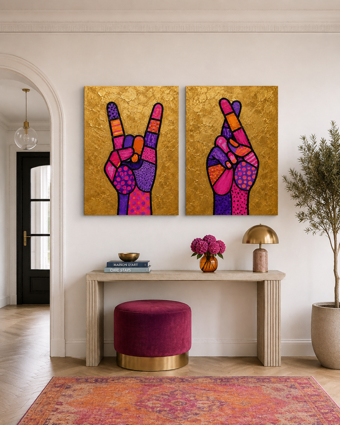 Pop Art Hand Gestures Canvas Painting Set With Gold Background