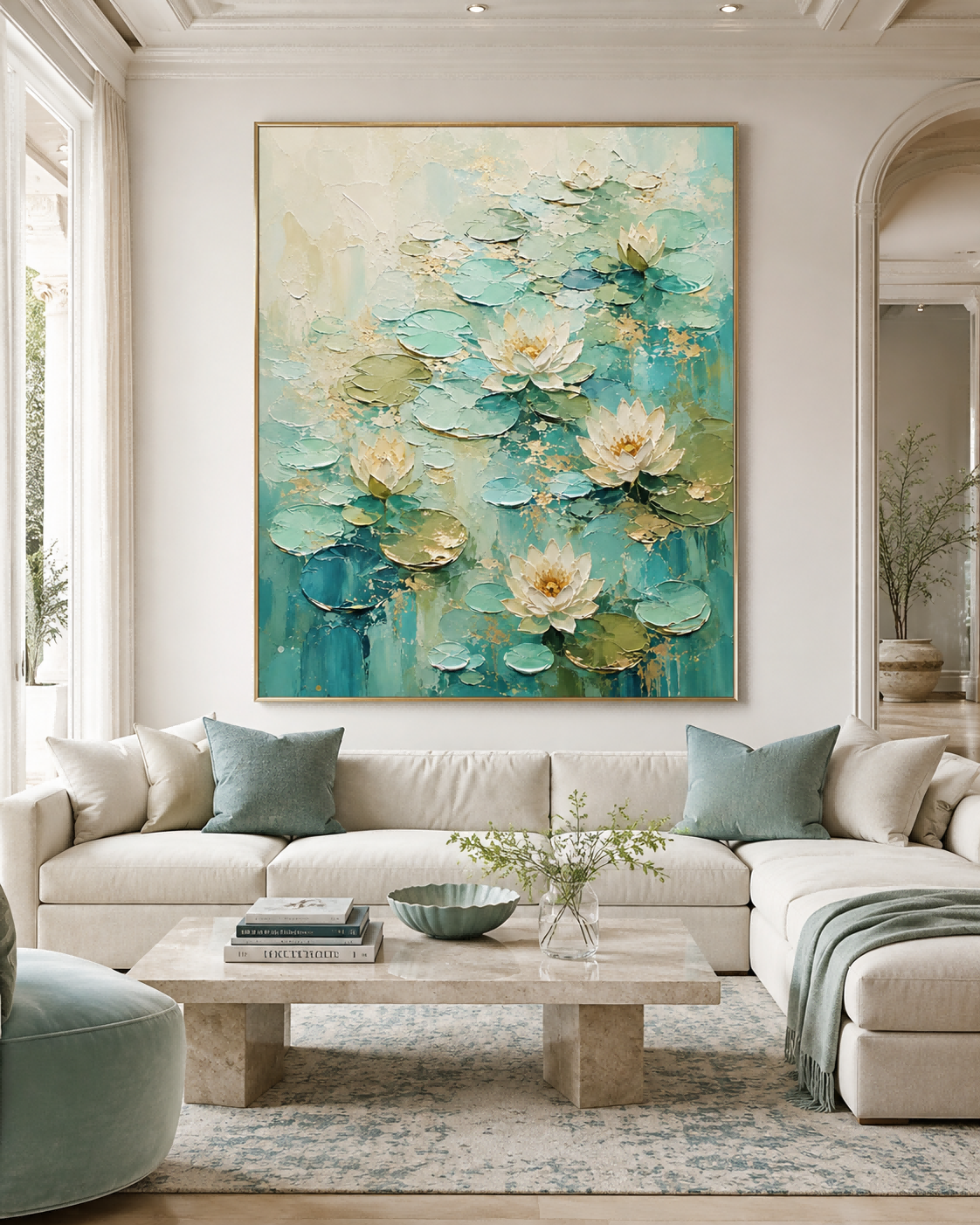Modern Abstract Impasto Art Inspired By Monets Garden With Teal And White Tones