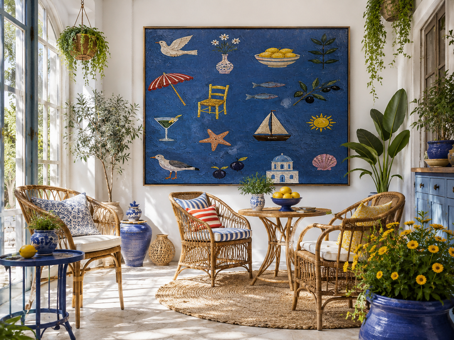 Mediterranean Folk Art Painting With Sea And Lemons For Coastal Home Decor