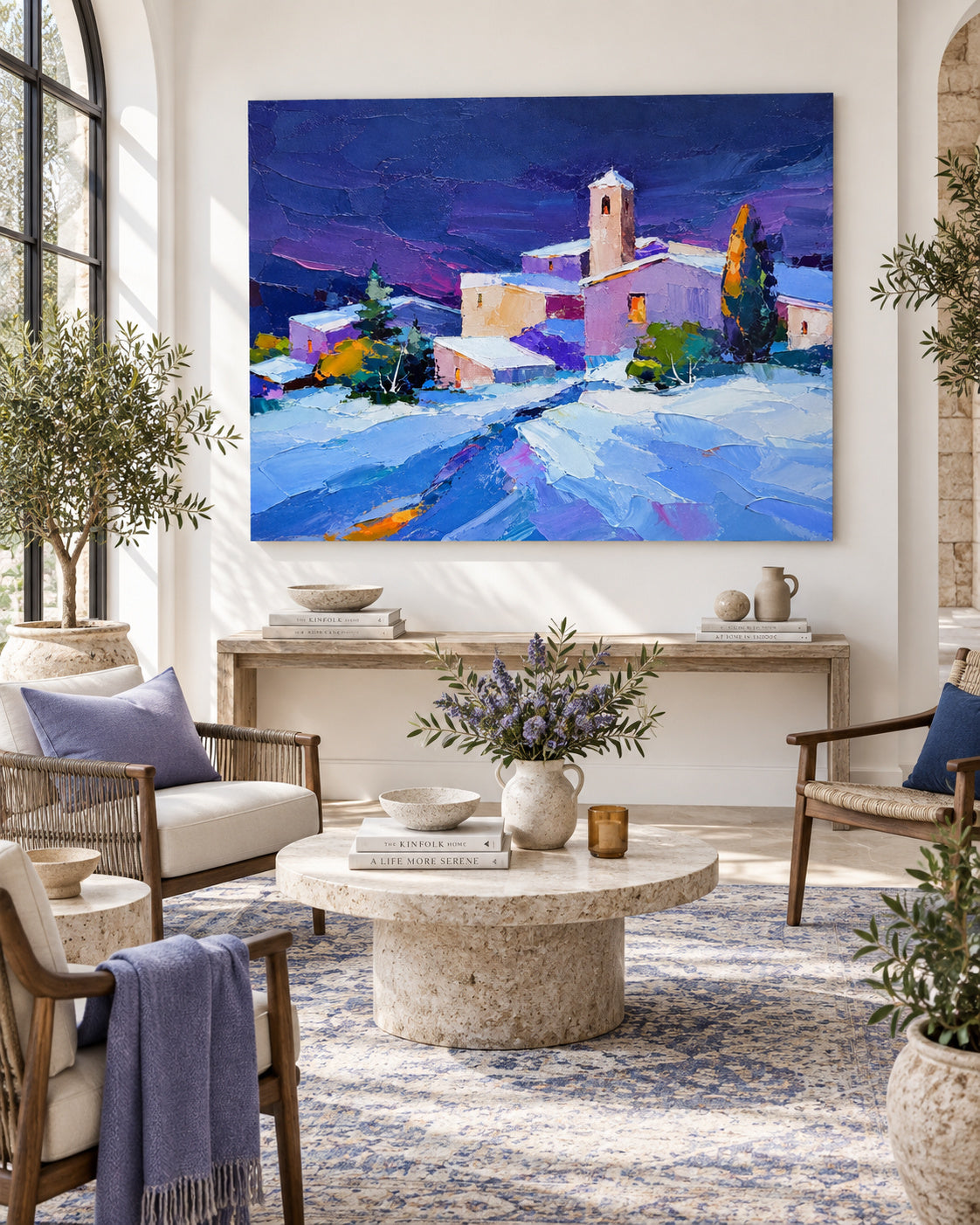 Hand-Painted Snowy Village Landscape Canvas Art With Violet Sky And Warm Lights