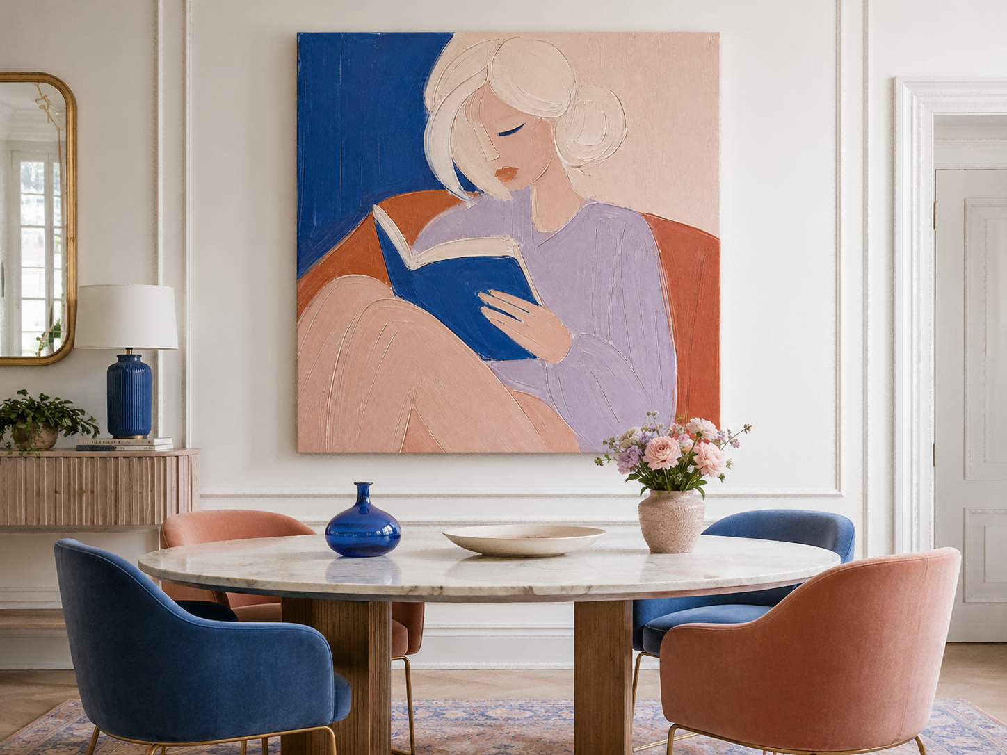 Modern Minimalist Abstract Art Painting Of Woman Reading In Blue And Purple Tones For Living Room Decor