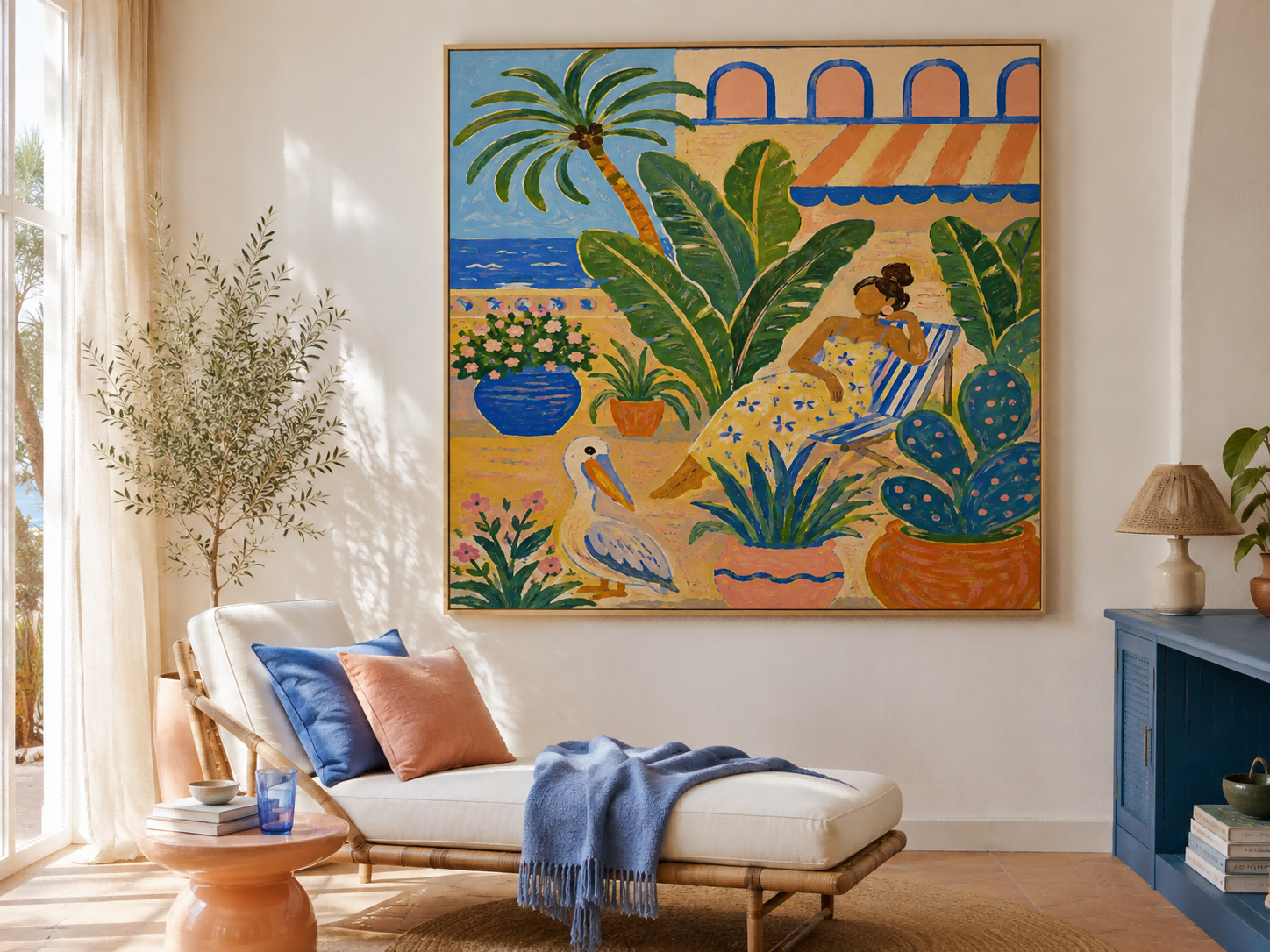 Art Deco Inspired Fantasy Beach Scene Original Canvas Painting With Bold Colors