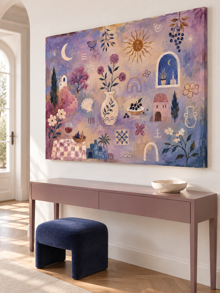 Mediterranean Abstract Canvas Painting With Sun Moon And Flowers
