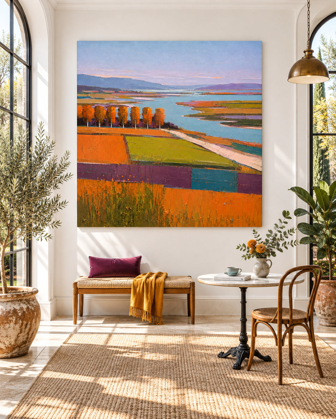 Hand-Painted Autumn Landscape Canvas Art With Golden Fields And Lake