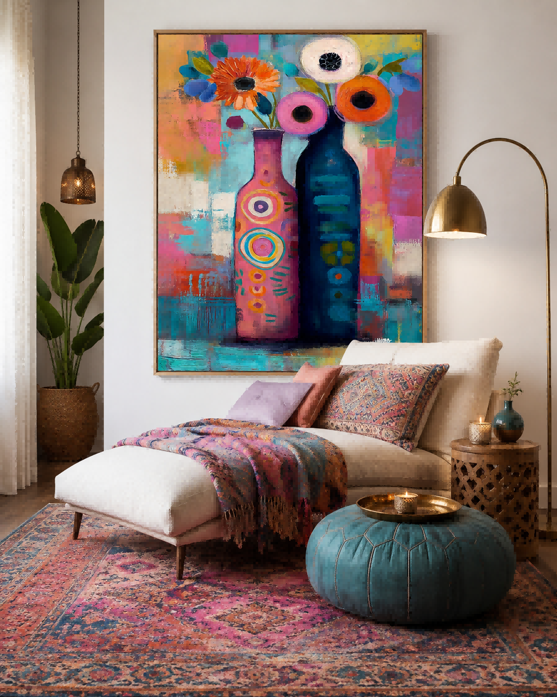 Abstract Vase Flower Painting In Bright Colors Handmade Oil Art For Eclectic Interior Design And Hallway