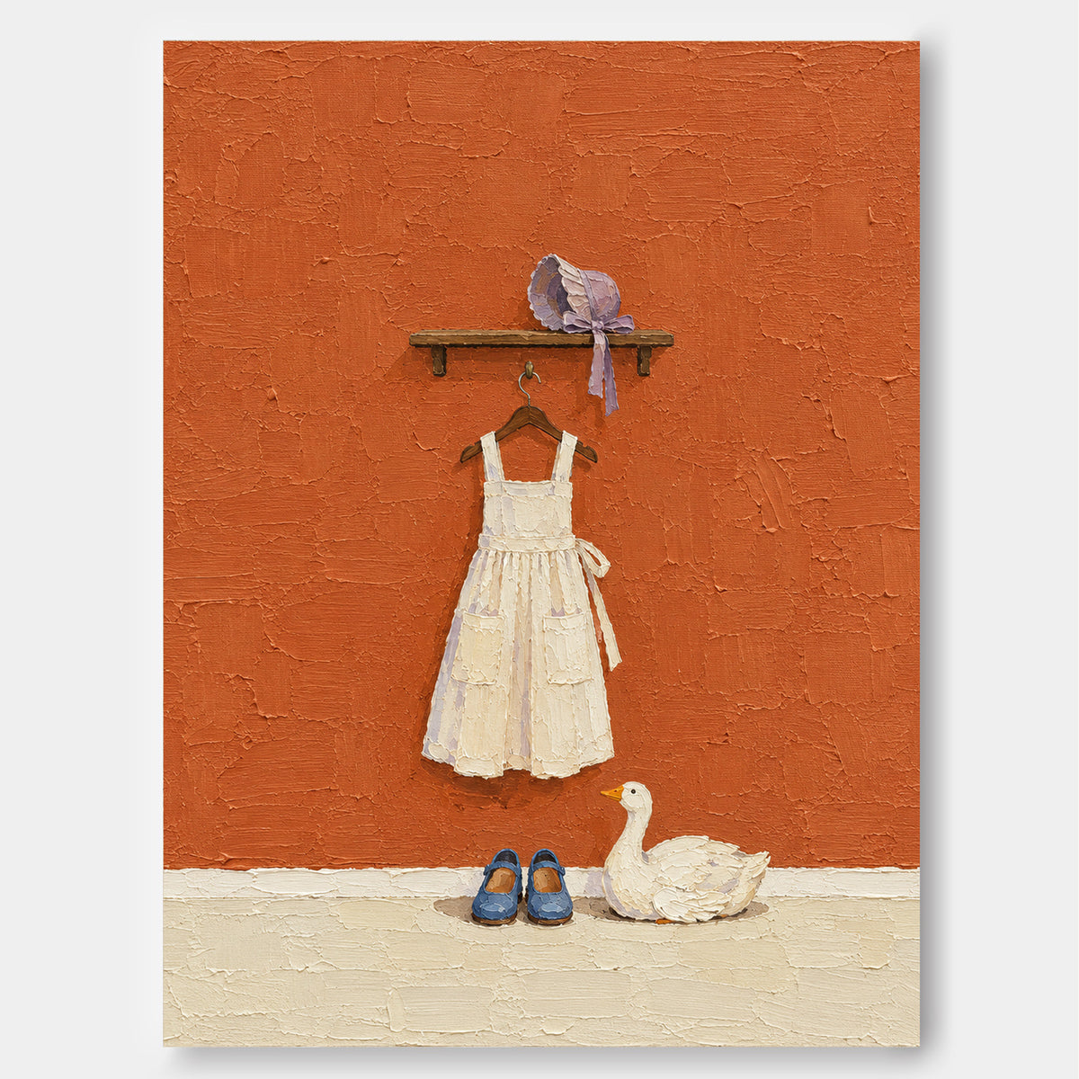 Hand-Painted White Dress And Duck Canvas Art With Orange Background