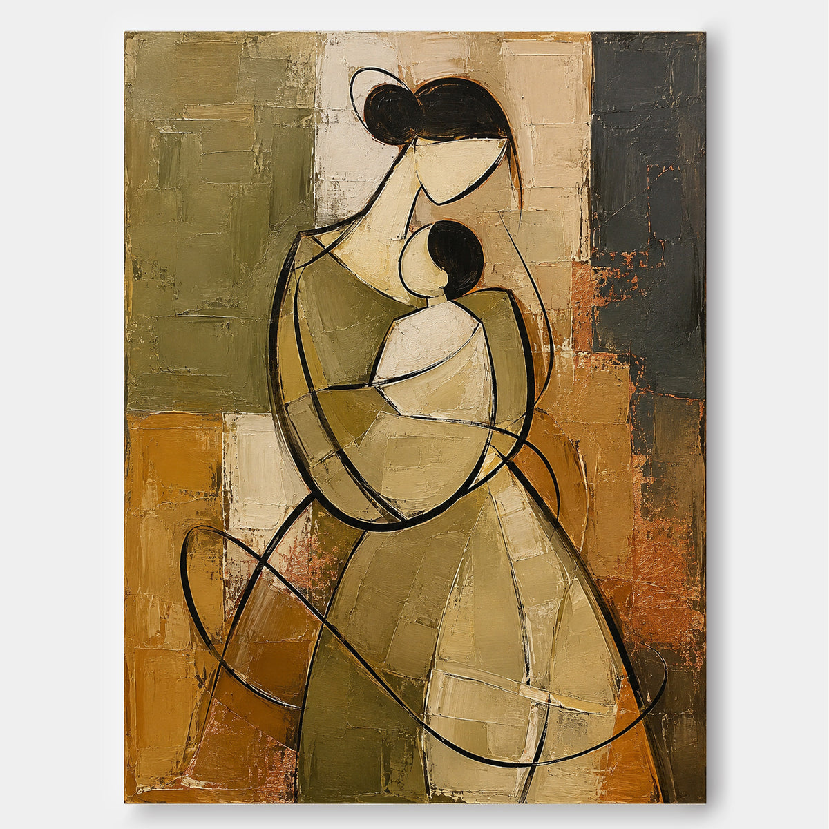 Vintage Style Minimalist Line Art Painting Warm Brown And Green Tones Abstract Mother And Child Canvas Painting