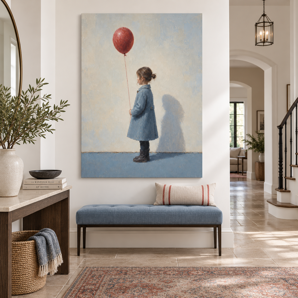 Abstract Naive Art Canvas Painting Red Balloon Gray Background Home Decor
