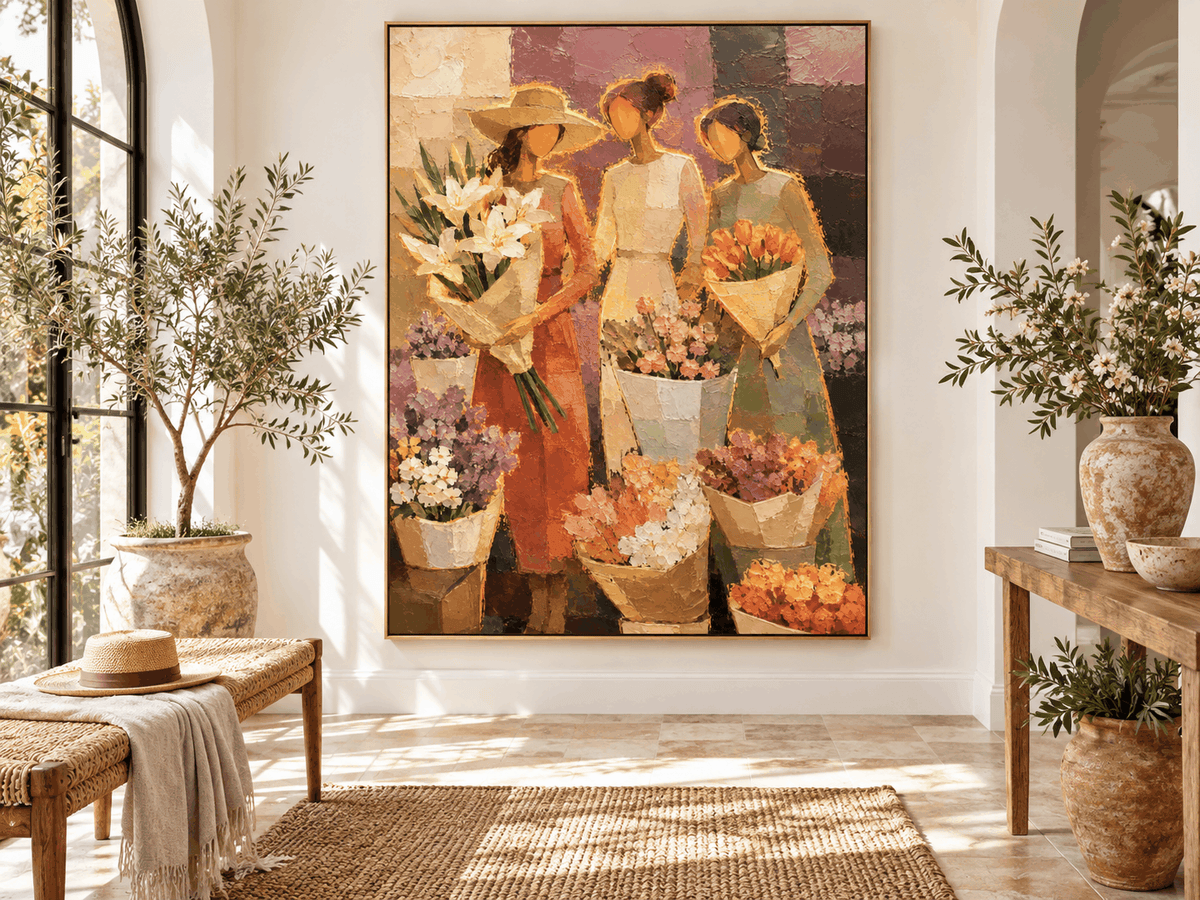 Modern Impressionist Textured Canvas Painting Hand-Painted Floral Market Scene With Three Women Canvas Art