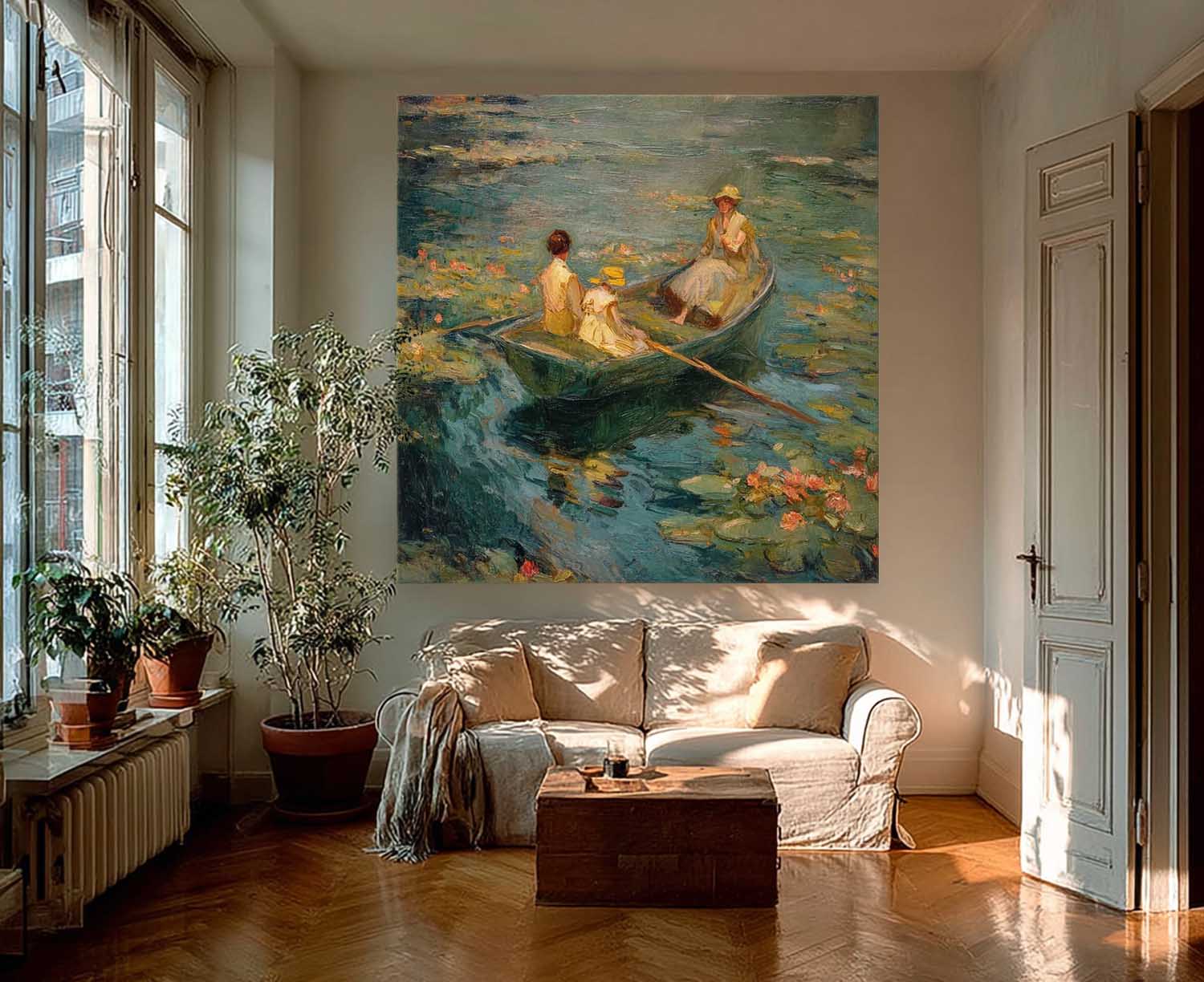 Impressionist Row Boat Water Lilies Art Serene Lake Vintage Cottagecore Painting Relaxing Idyllic Home Ambiance