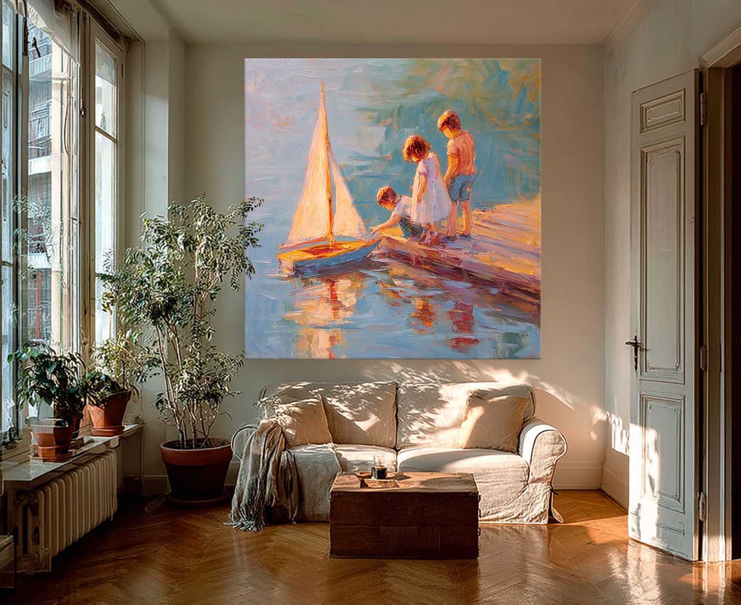 Vintage Childhood Sailboat Art Children By Lake Dock Oil Painting  Warm Toned Wall Decor For Living Room