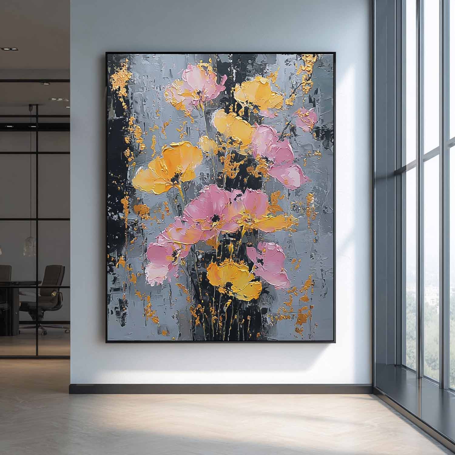 Modern Abstract Floral Oil Painting Pink & Gold Impasto Wall Art Textured Flower Palette Knife Artwork