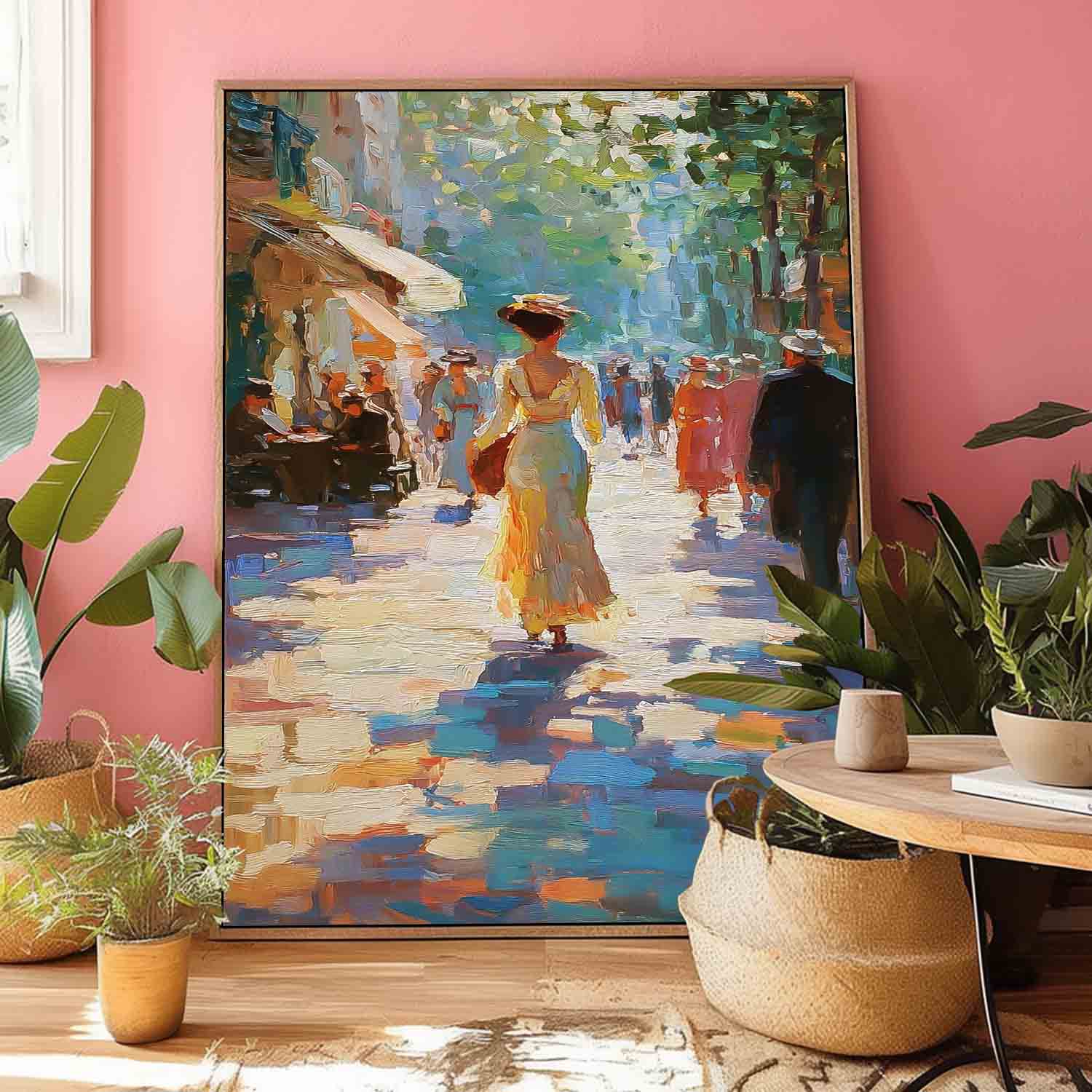 Large Vintage Sunlit Street Oil Painting Impressionist Canvas Wall Art Original Figure For Living Room Decor 