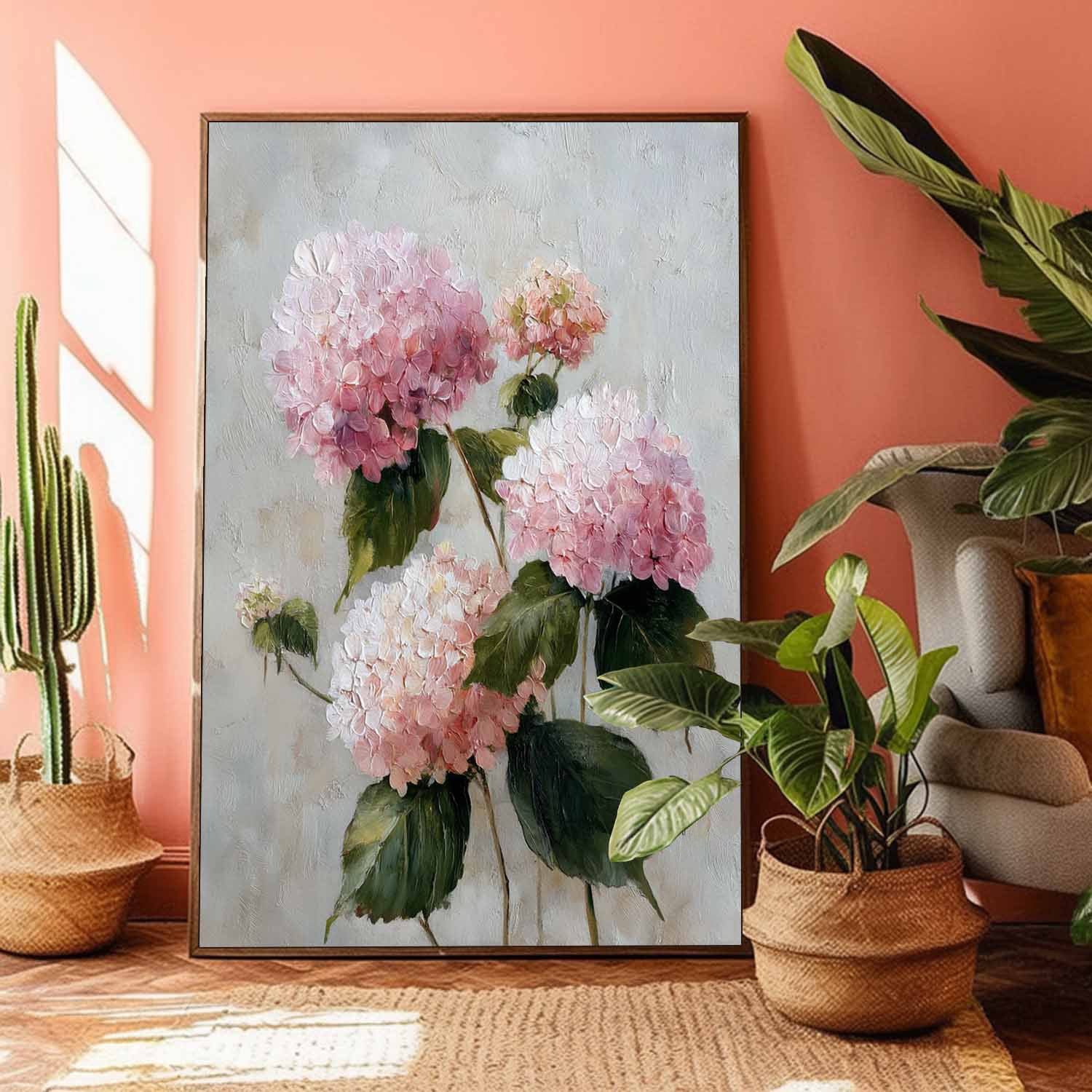 Large Hydrangea Flower Abstract Painting Canvas Original Artwork Texture Pink Plant Wall Art For Living Room