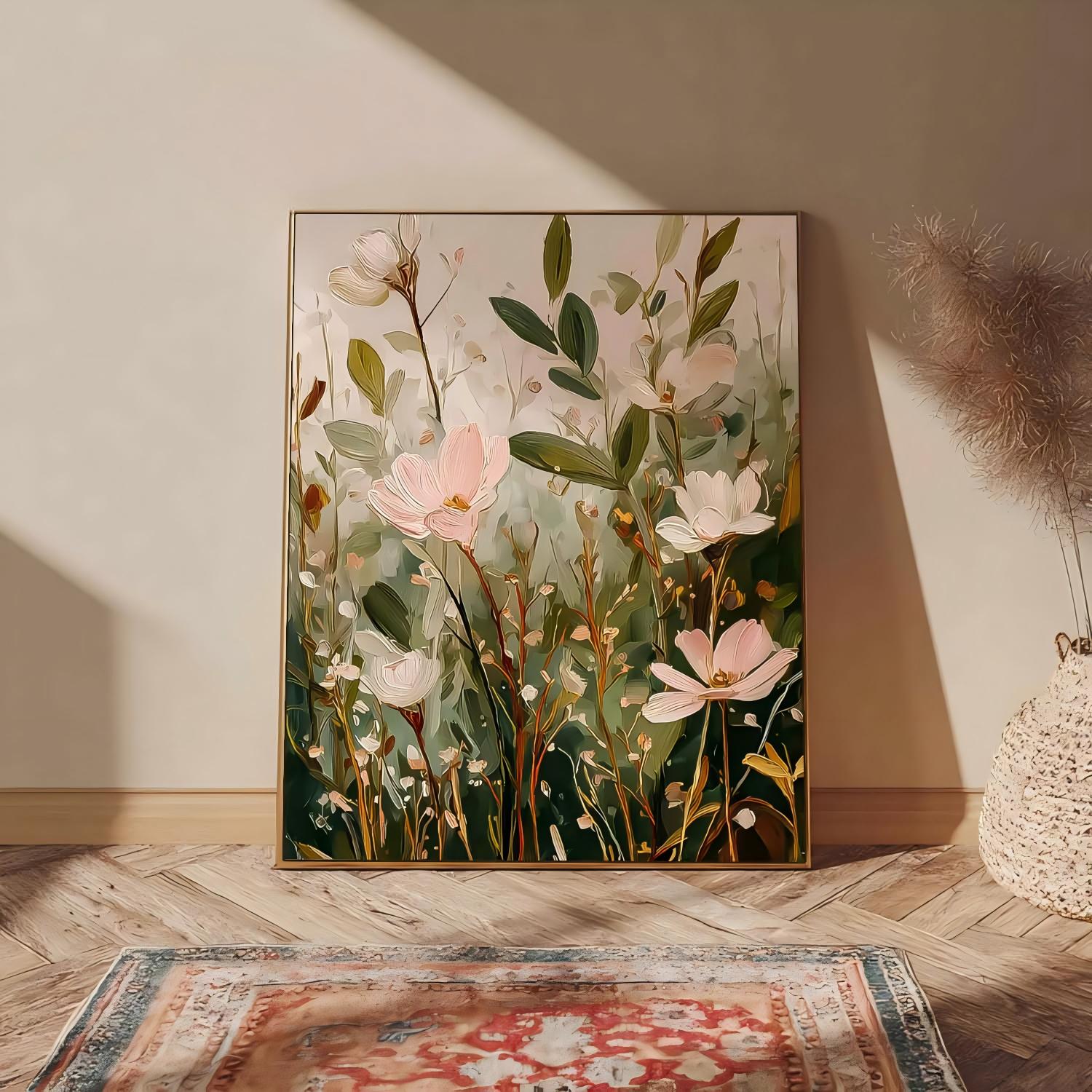 Soft Botanical Floral Oil Painting Sage Green & Blush Pink Wall Art Large Modern Wildflower Floral Wall Decor