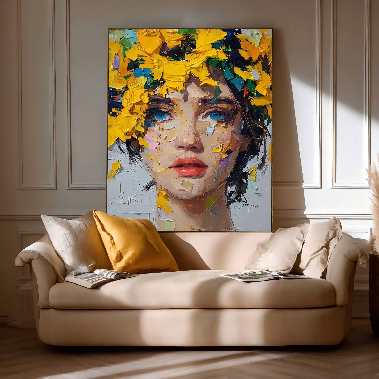 Original Handpainted Oil Portrait With Vibrant Yellow Floral Crown Bold Brushstroke Texture Canvas Art