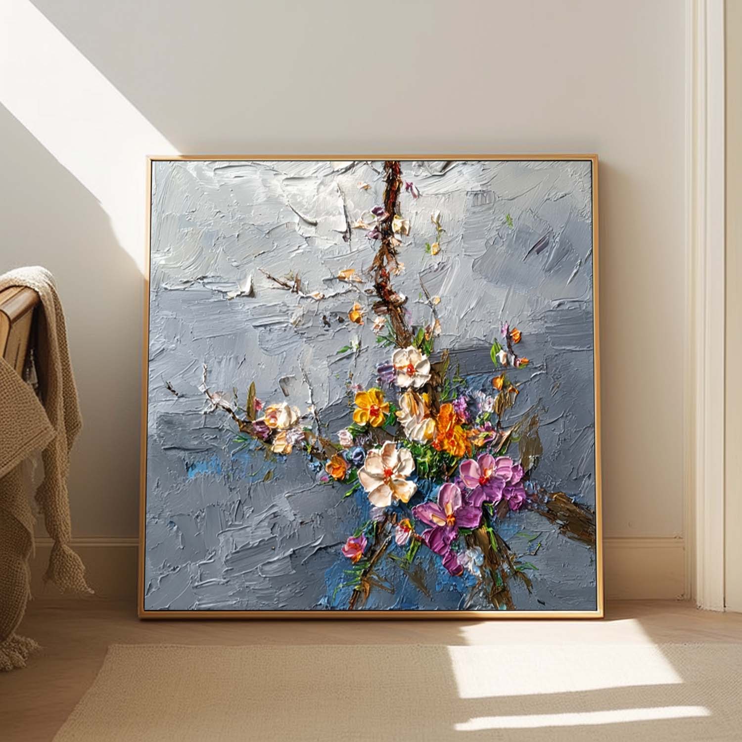 Thick Impasto Abstract Floral Oil Painting Modern Flower Wall Art Handmade Colorful Flower Canvas Home Decor