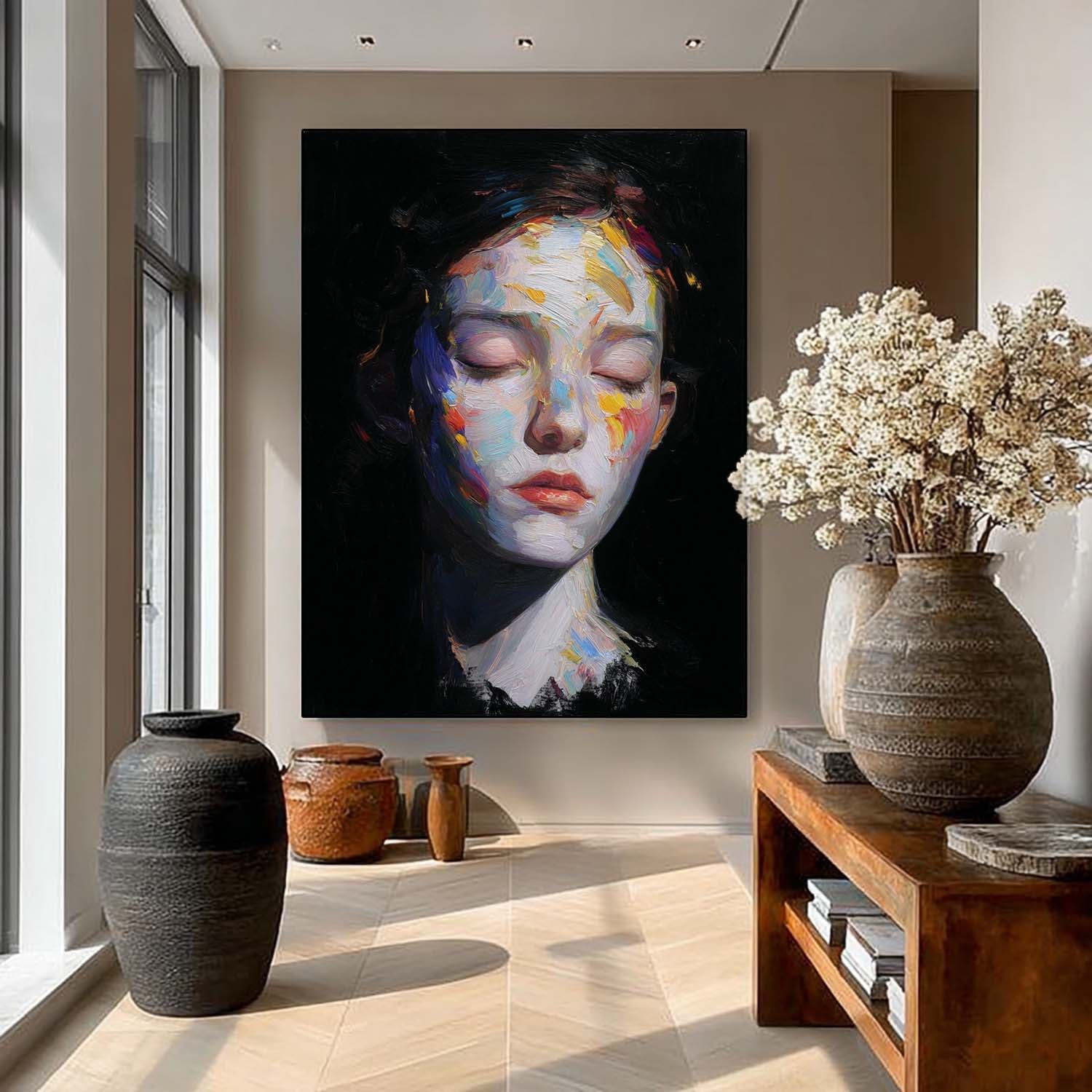 Original Expressive Abstract Portrait Painting Vibrant Colorful Splashes Bold Brushstrokes Contemporary Wall Art