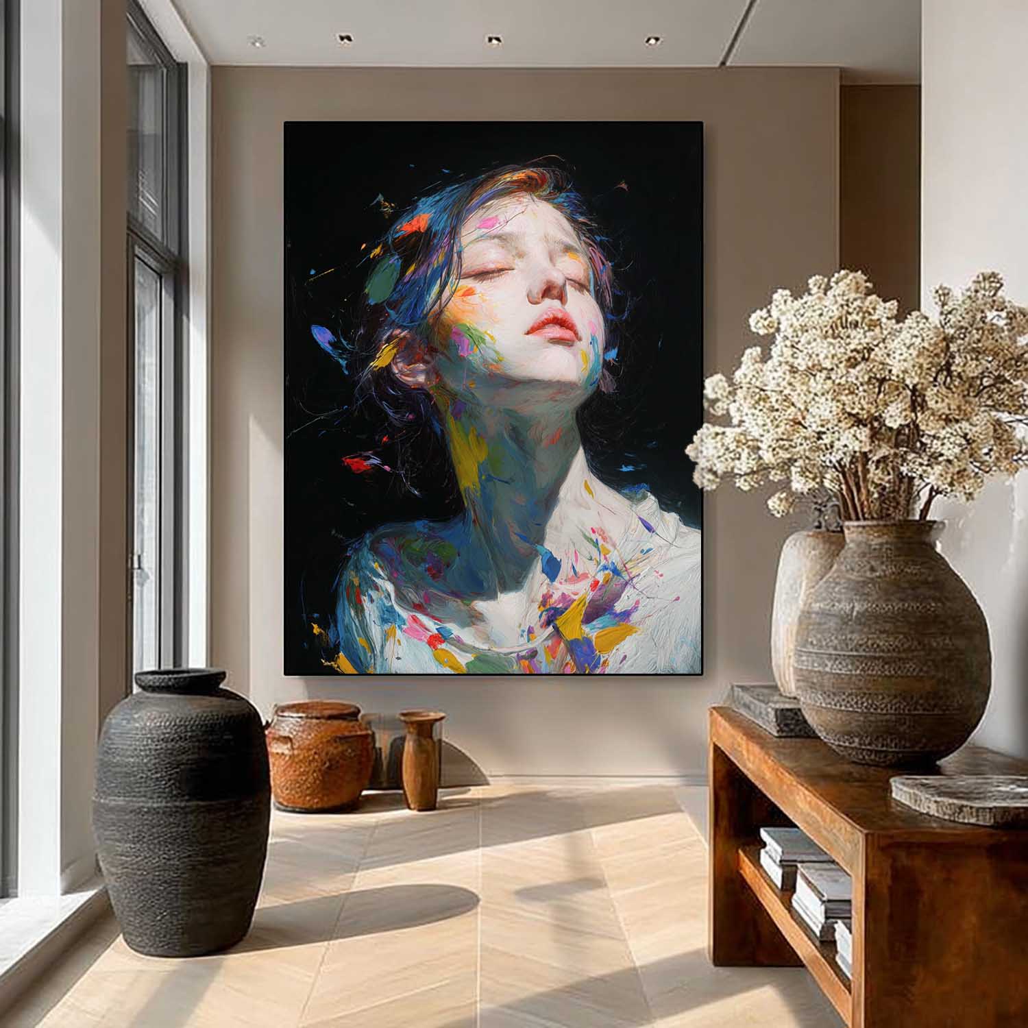 Color Splatter Female Art Modern Pop Wall Decor For Home Vibrant with Abstract Expressionism Style