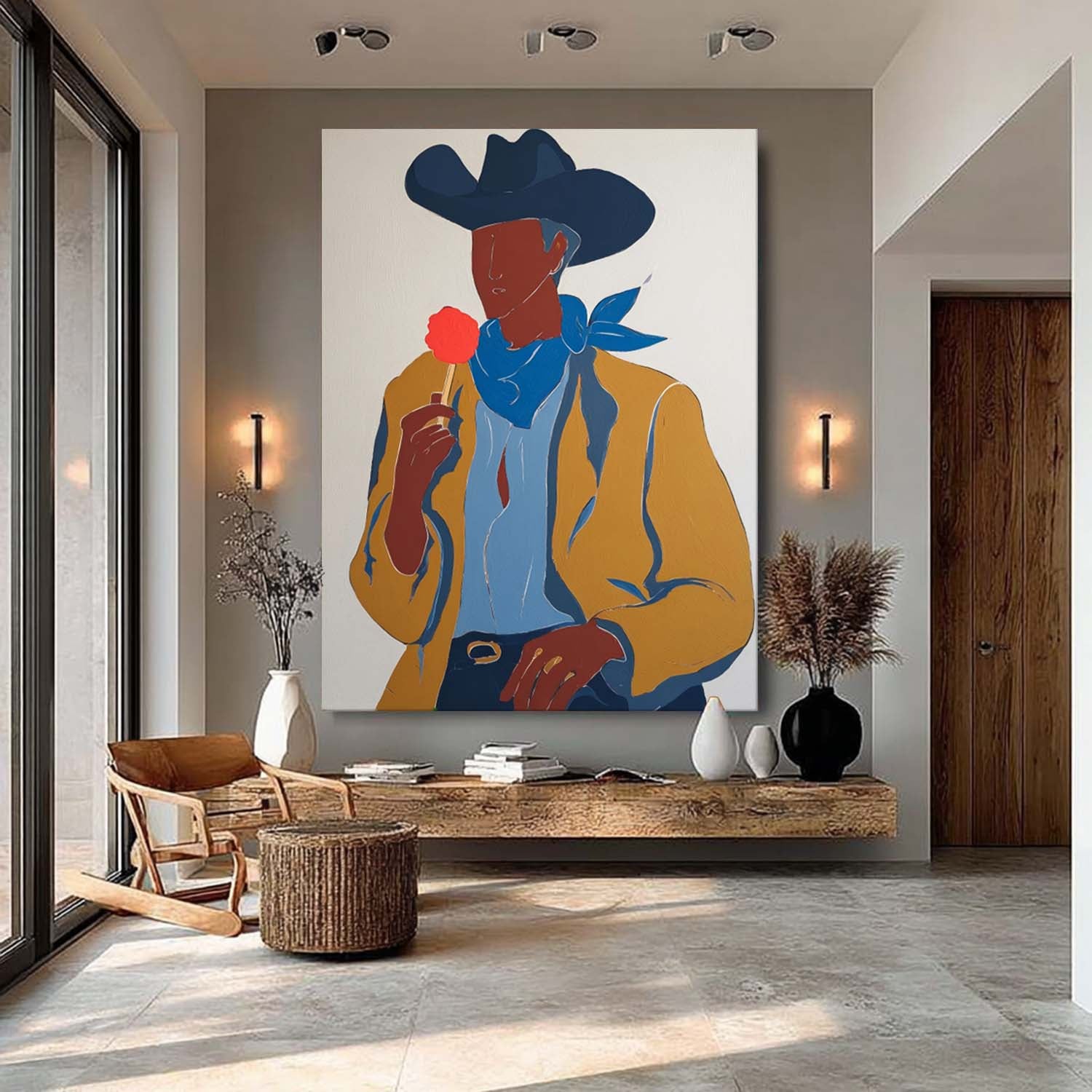 Artistic Western Cowboy Painting Red Lollipop & Color Block Design Vintage Wall Art for Retro Home Decor