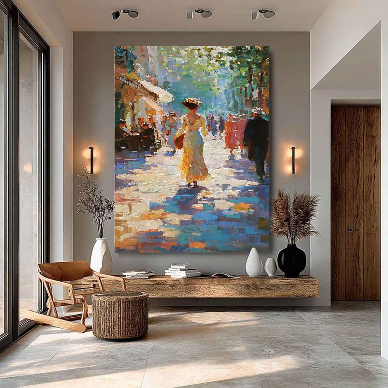 Large Vintage Sunlit Street Oil Painting Impressionist Canvas Wall Art Original Figure For Living Room Decor 