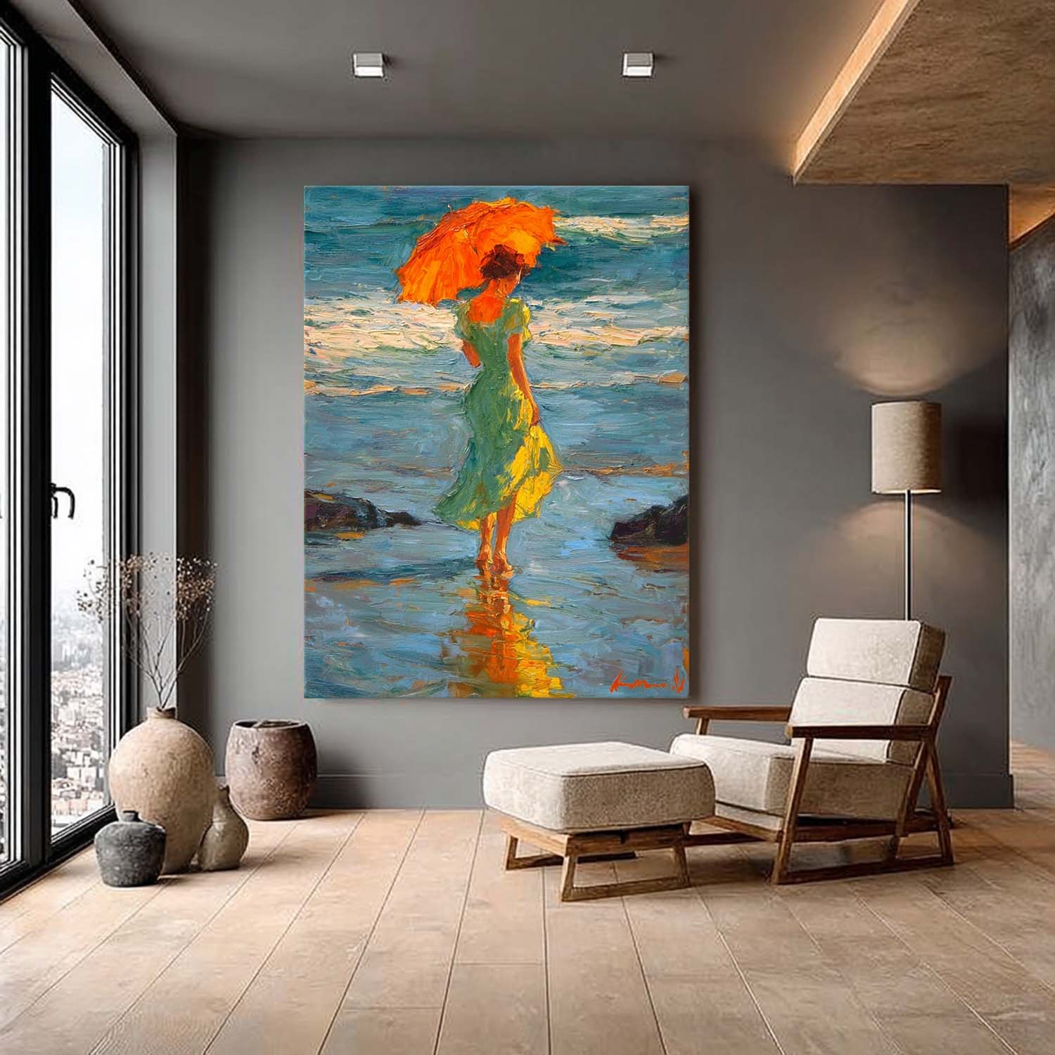 Original Impressionist Painting Lady In Green Dress With Orange Parasol Strolling Seashore Unique Art
