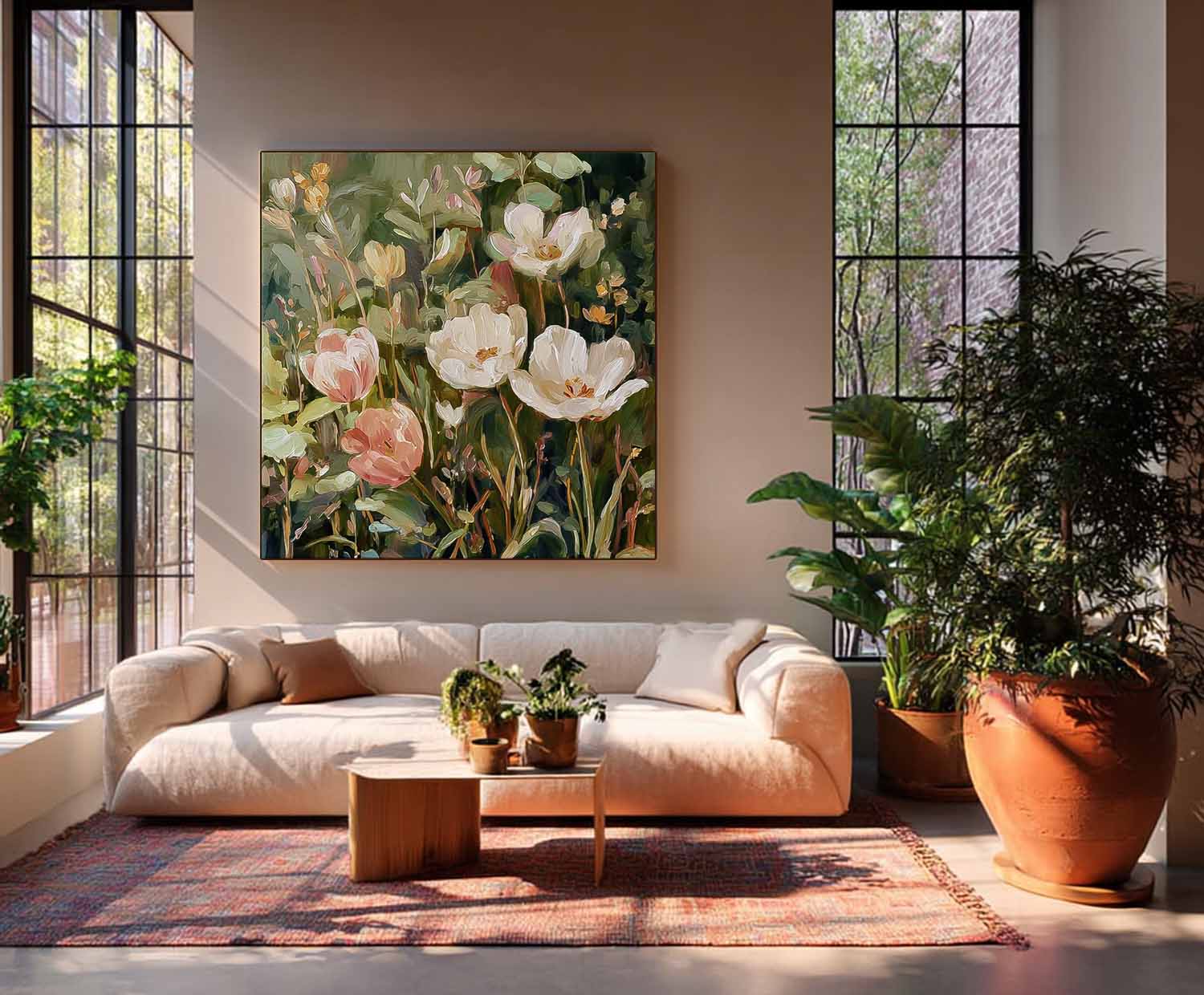 Square Vintage Oil Painting Style Tulips In White And Pink With Sage Green Leaves Cottagecore Wall Decor