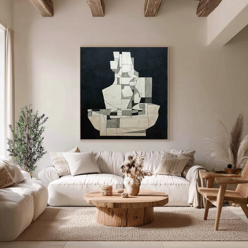 Abstract Geometric Black White Canvas Painting Minimalist Wall Art Modern Decor For Interior Design