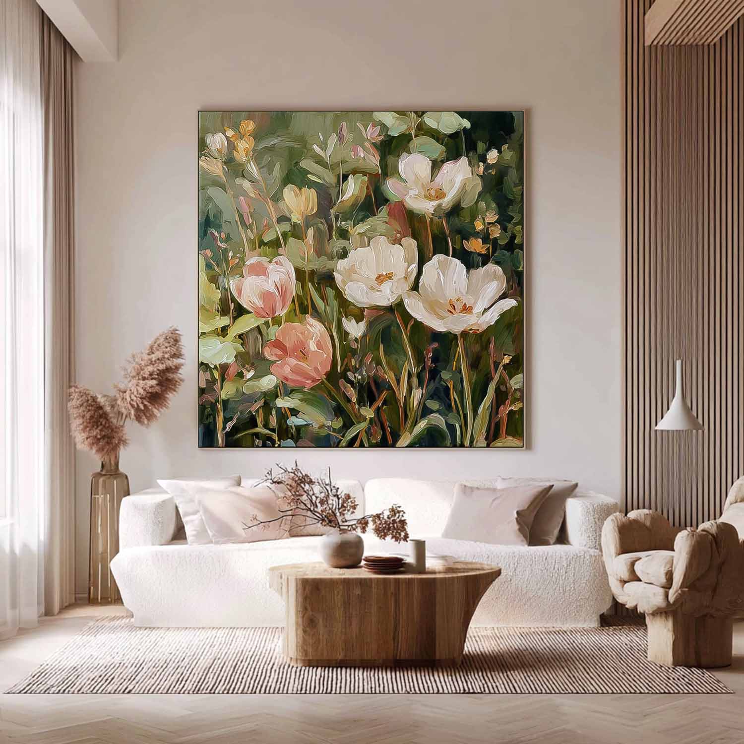 Square Vintage Oil Painting Style Tulips In White And Pink With Sage Green Leaves Cottagecore Wall Decor