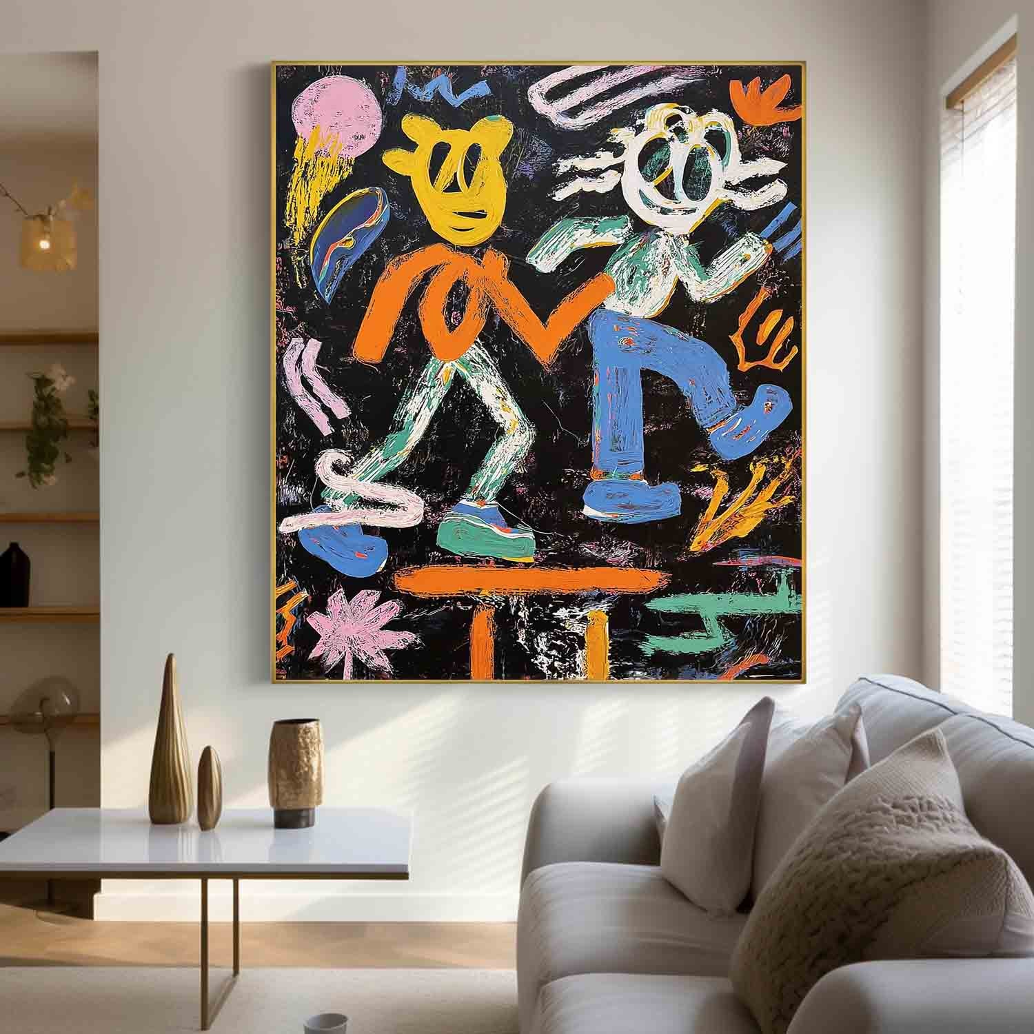 Whimsical Pop Art Colorful Doodle Impasto Oil Painting Vibrant Sun & Flower Abstract Playful Texture Artwork