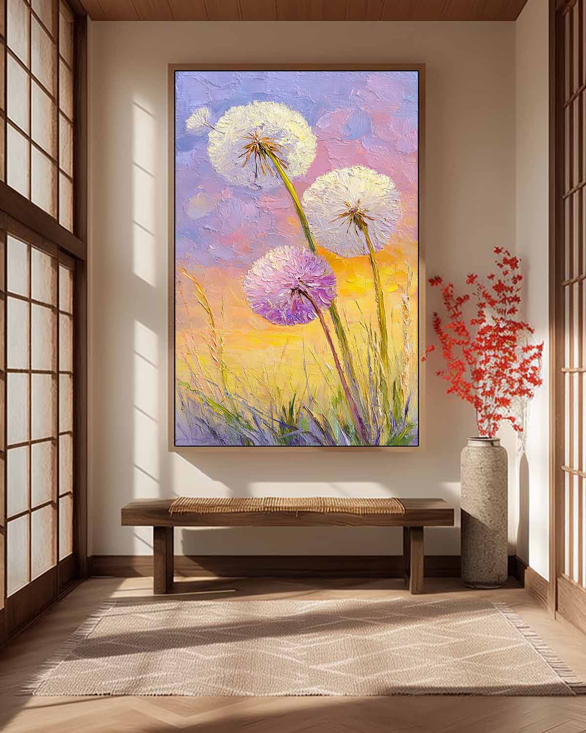 3D Palette Knife Textured Dandelion Oil Painting On Canvas Vertical Meadow Floral Wall Art For Home Decor