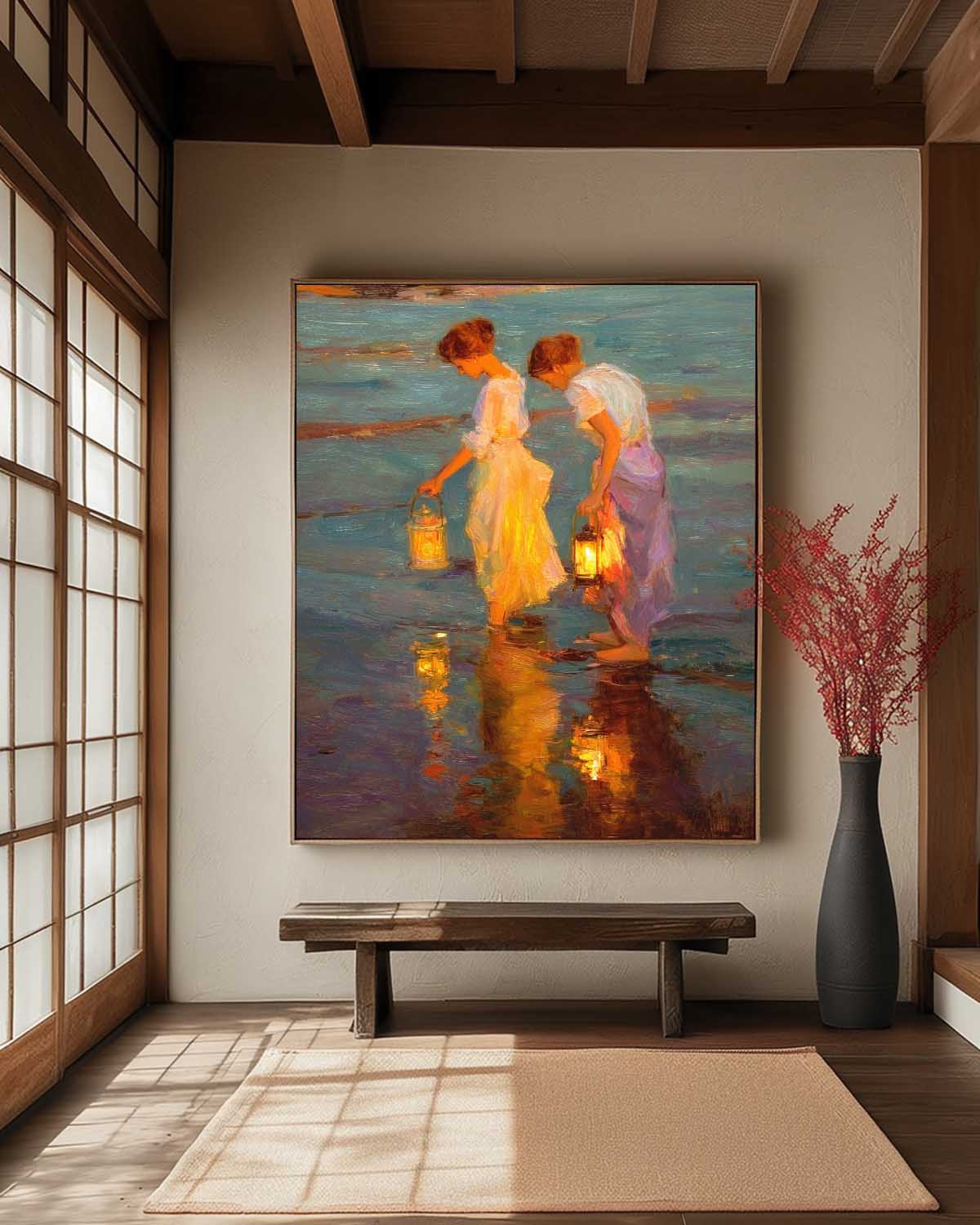 Coastal Oil Painting Two Women With Lanterns By Sea Shore At Dusk Vintage Glow & Water Reflections Wall Art