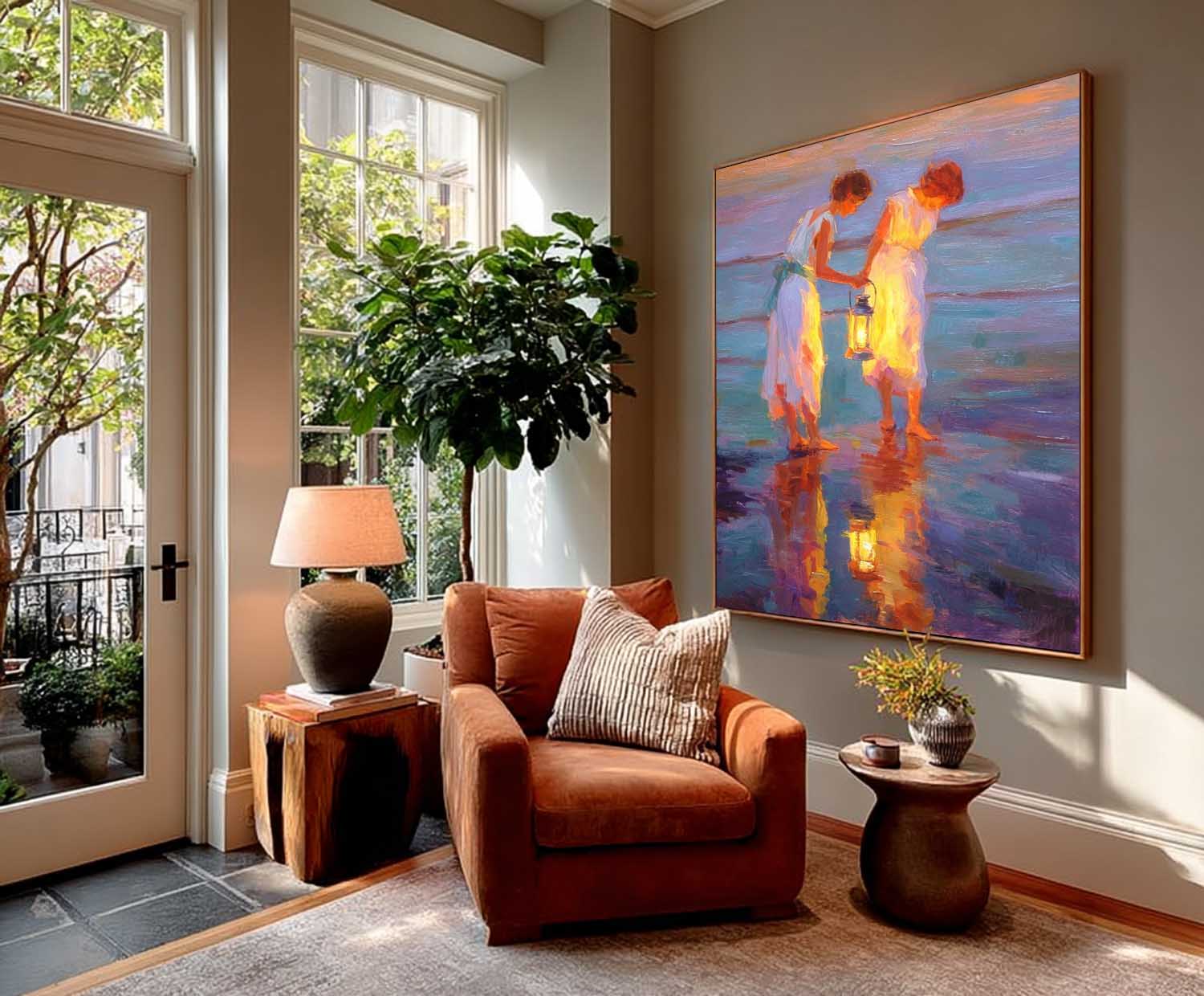 Vintage Glow & Water Reflections Wall Art Coastal Oil Painting Two Women With Lanterns By Sea Shore At Dusk