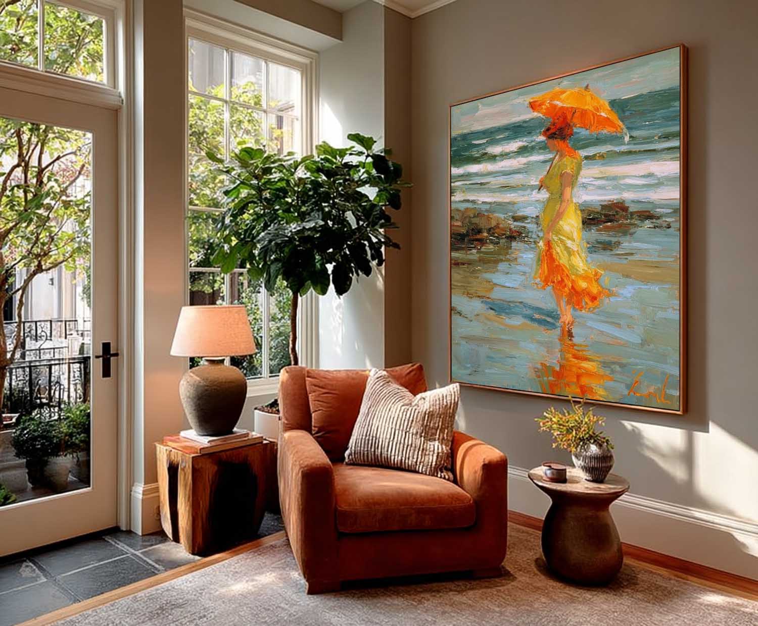 Original Handmade Art Elegant Woman In A Flowing Green Dress Painting Large Retro Unique Artwork Decor