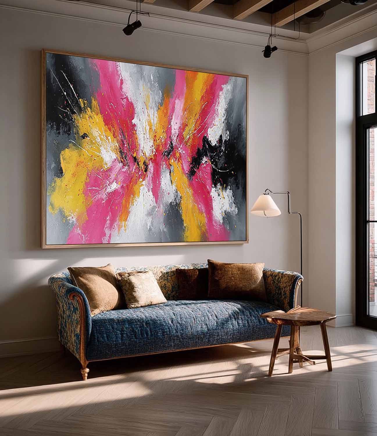 Modern Abstract Canvas Art Bright Pink & Yellow Explosion Textured Oil Painting For Home Wall Decor