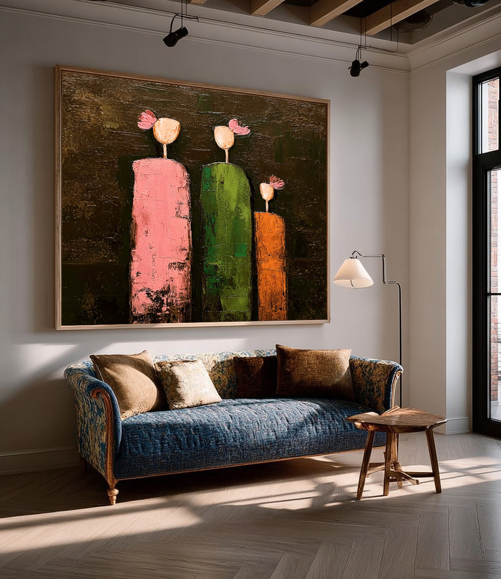 Minimalist Boho Wall Decor Unique Abstract Painting With Floral People Textured Family Artwork