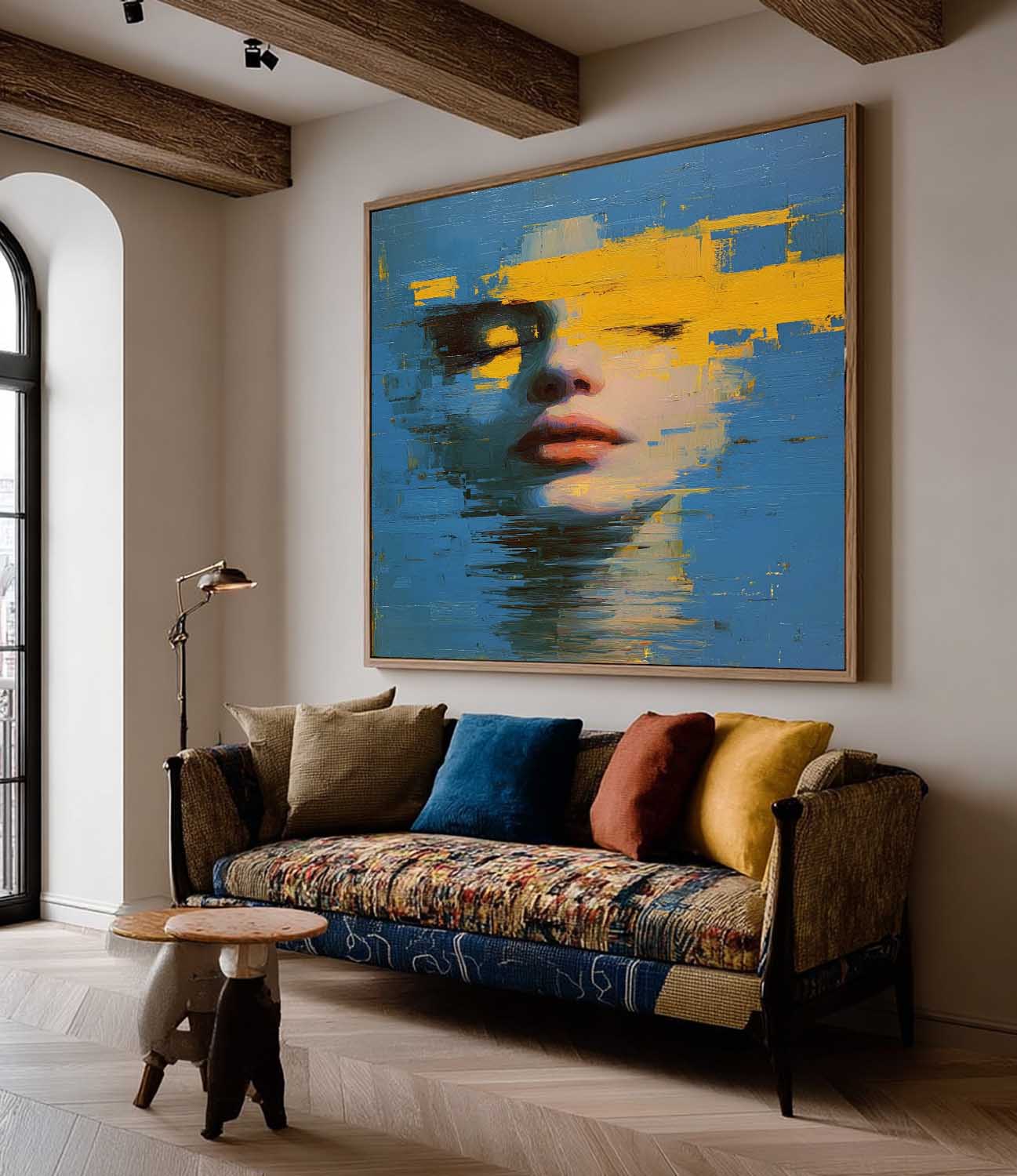 Abstract Face & Ocean Fusion Oil Painting  Modern Blue-Yellow Contrast Wall Art Unique Home Decor Artwork