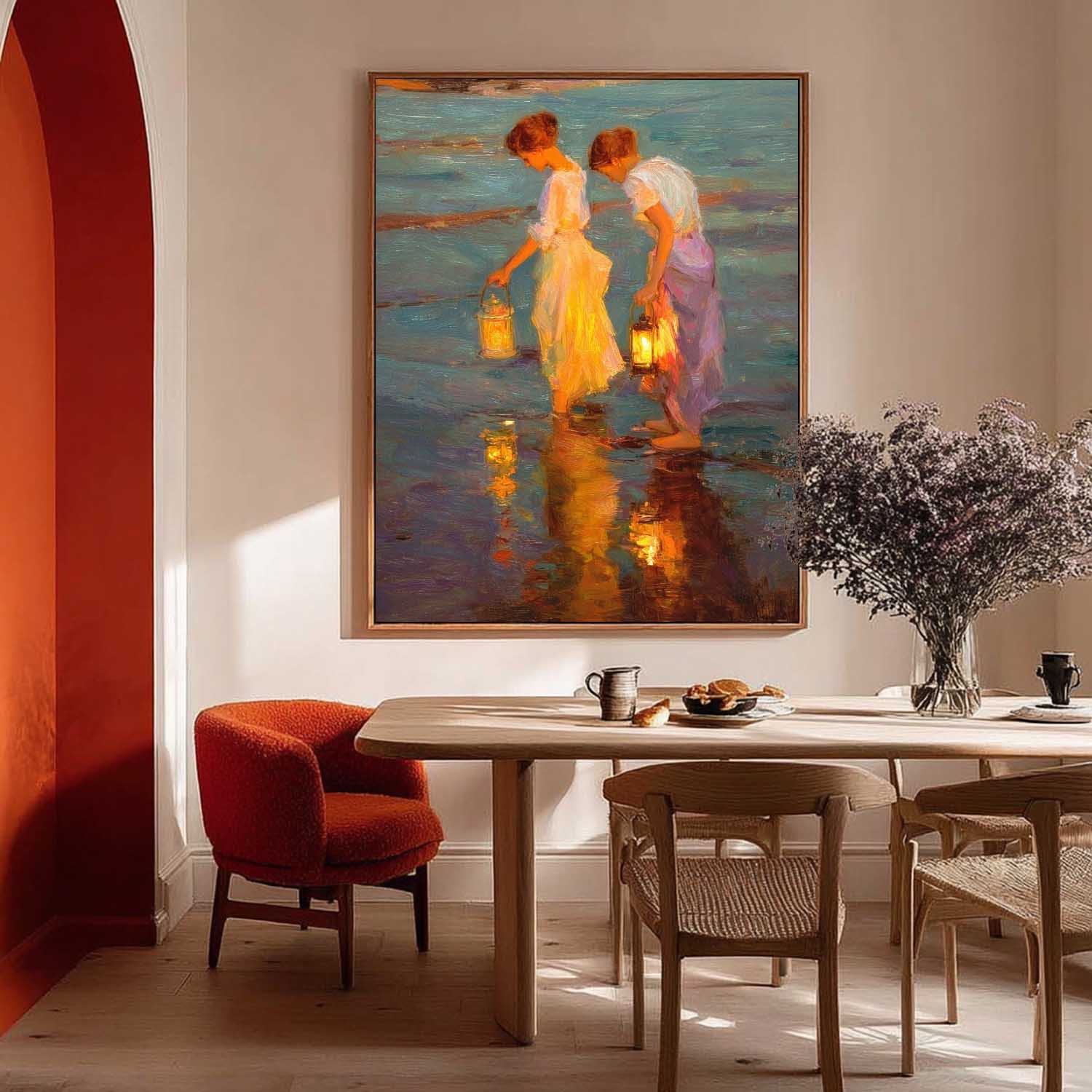 Coastal Oil Painting Two Women With Lanterns By Sea Shore At Dusk Vintage Glow & Water Reflections Wall Art