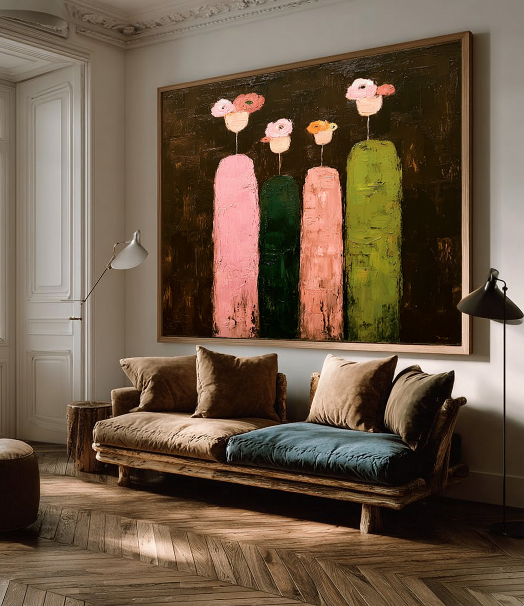 Original Family Abstract Oil Painting Wall Art Modern Colorful Floral On Dark Background Large People Artwork