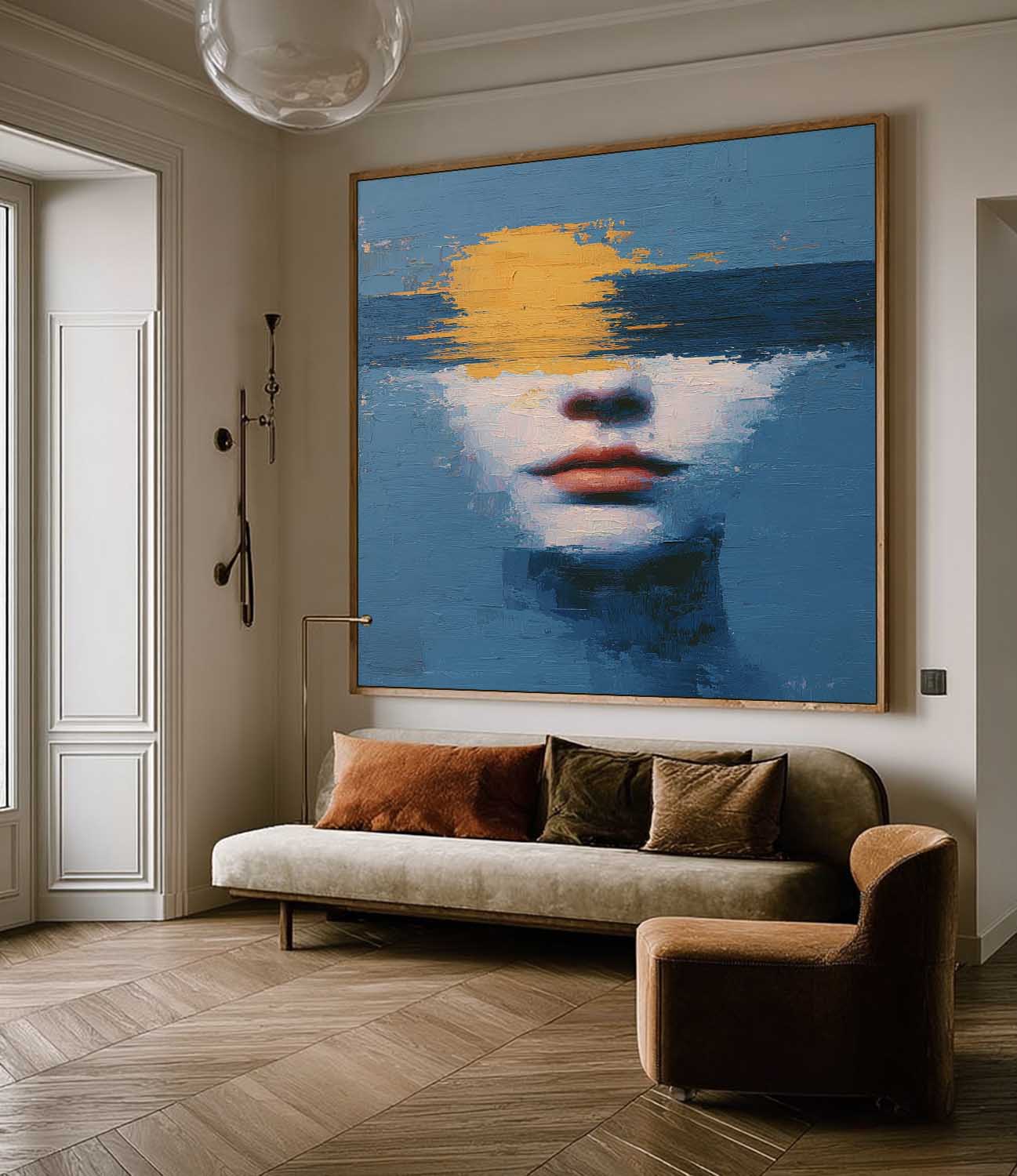 Abstract Soulful Face In Ocean Waves Oil Canvas Calming Blue-Yellow Wall Art For Boho Minimalist Home Decor